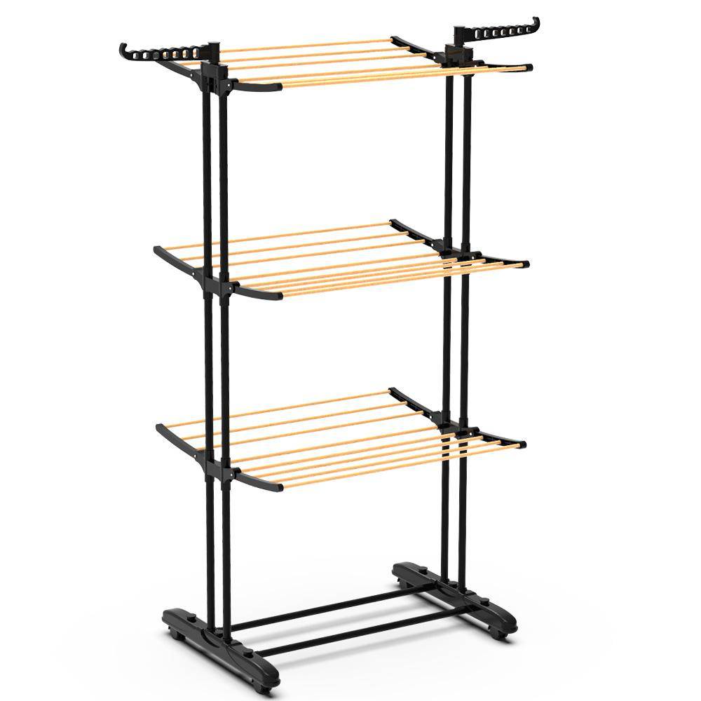 Vounot® Mobiler Turmwäscheständer Für Innen, Wäscheturm Klappbar Wäscheständer Turm Aus Metall, Mit 4 Rollen & 6 Flügel, 3 Ebenen, Holzoptik