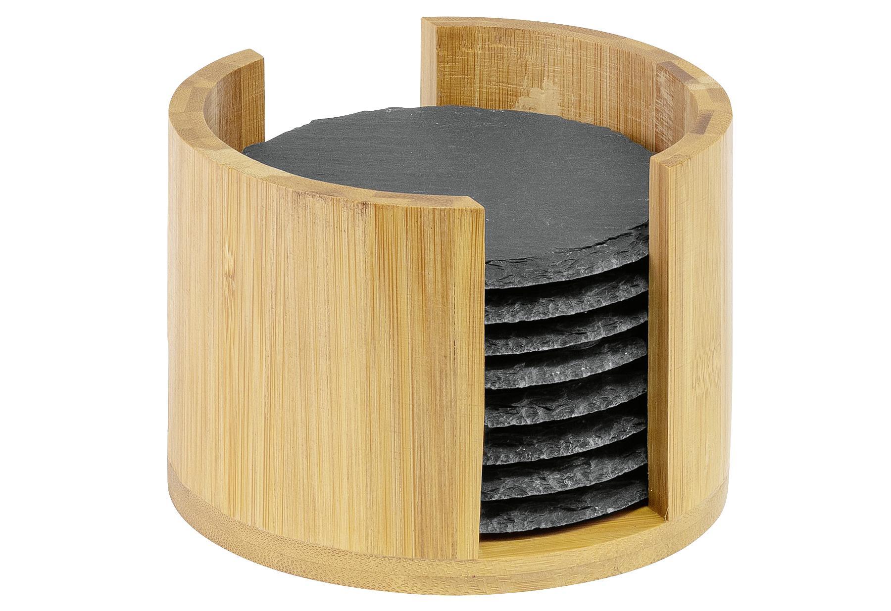 8 Naturschiefer-untersetzer, Rund, 10 Cm, In Bambusbox