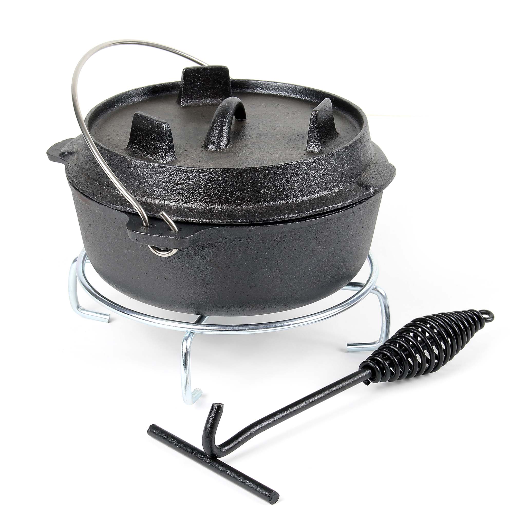 Dutch Oven 4l Mit Untersetzer Und Deckelheber, Kochtopf Aus Gusseisen Für Lagerfeuer Und Camping