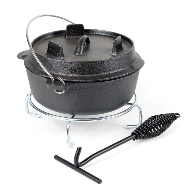 Dutch Oven 4l Mit Untersetzer Und Deckelheber, Kochtopf Aus Gusseisen Für Lagerfeuer Und Camping