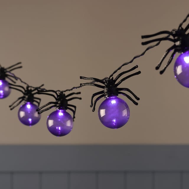 10er Spinnen lila LED-Lichterkette Halloween mit Timer