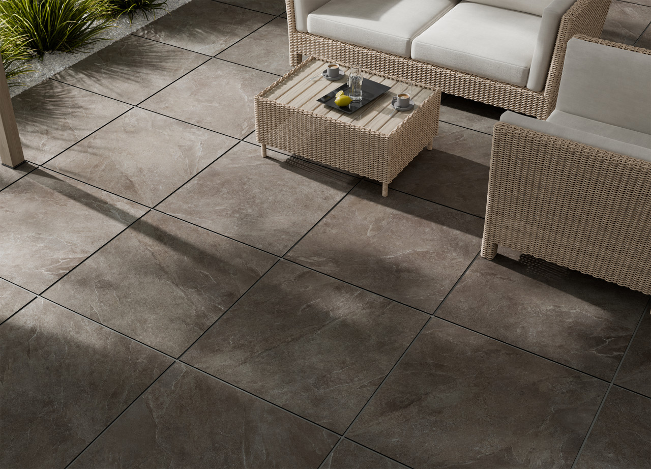 Terrassenplatte Feinsteinzeug Ash 80 x 80 cm taupe matt