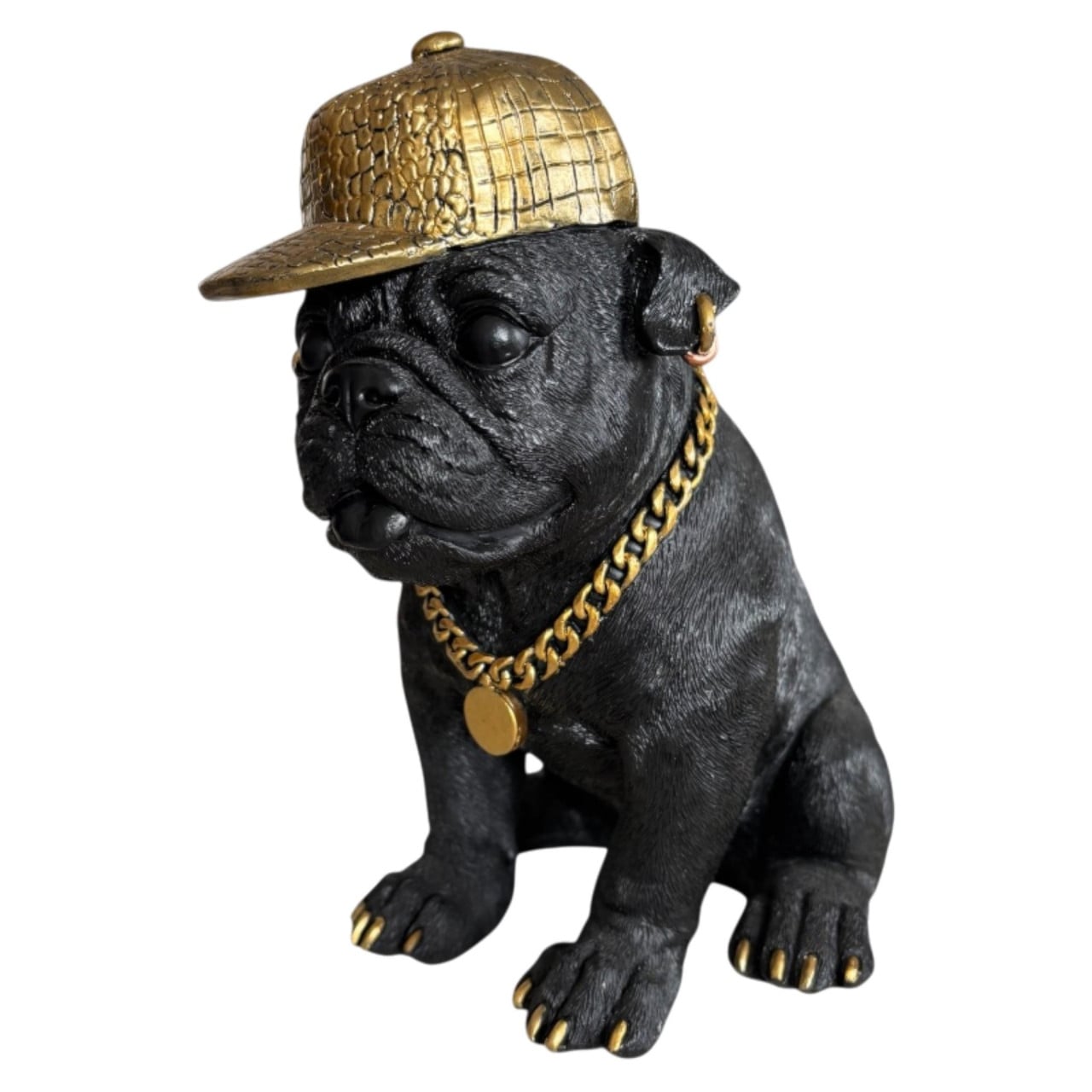 Dekofigur Mops mit Kappe & Kette 22 x 20,5 cm schwarz/gold
