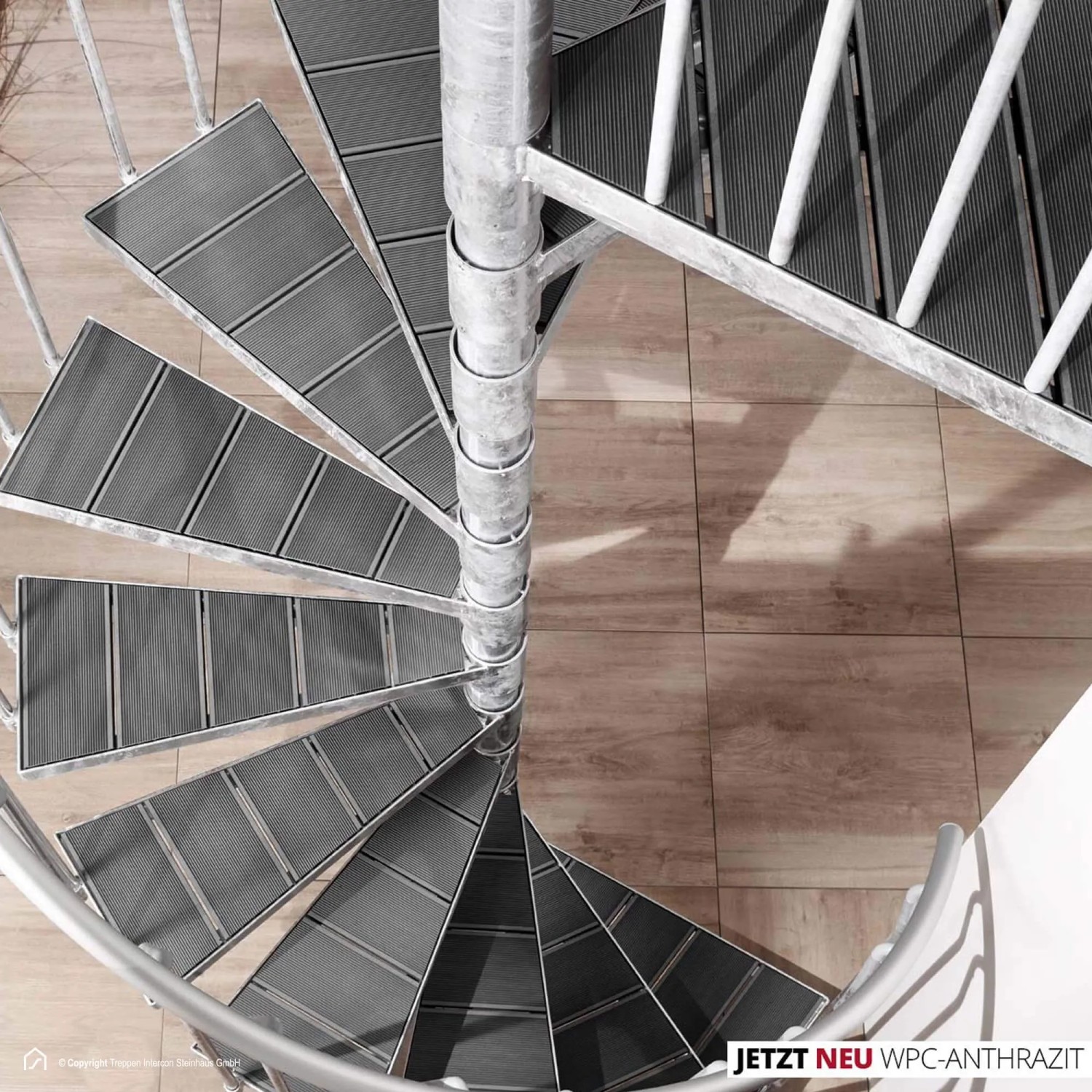 Treppen Intercon Außentreppe K2 Wendeltreppe Zink WPC Lava-Anthrazit Mit 16 Stufen + Podest Durchmesser 180 cm