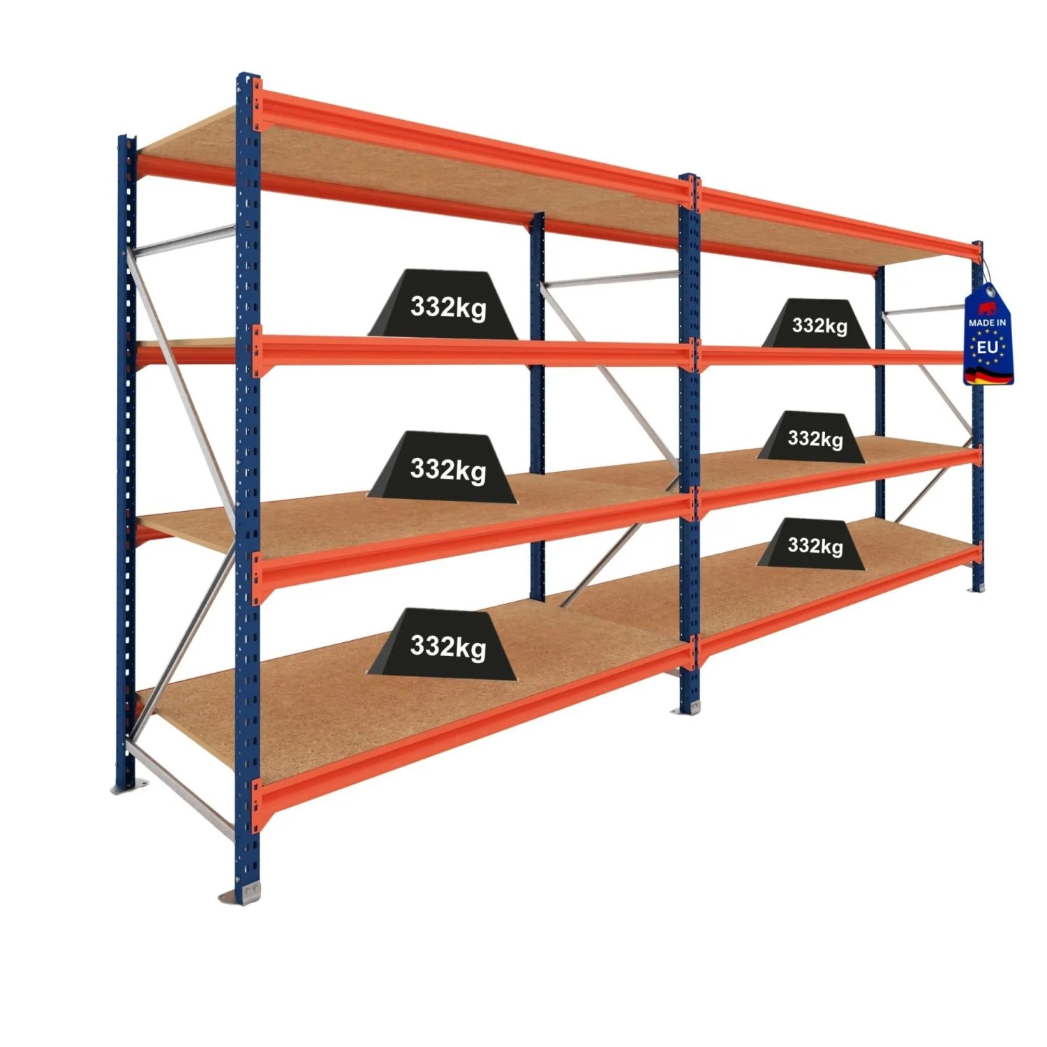 PROREGAL Weitspannregal Schwerlastregal DOMINUS Komplettregal 2 Felder 200x480x100cm 4 Ebenen Spanplatten-Fachboden Fachlast 332 kg Blau/Orange