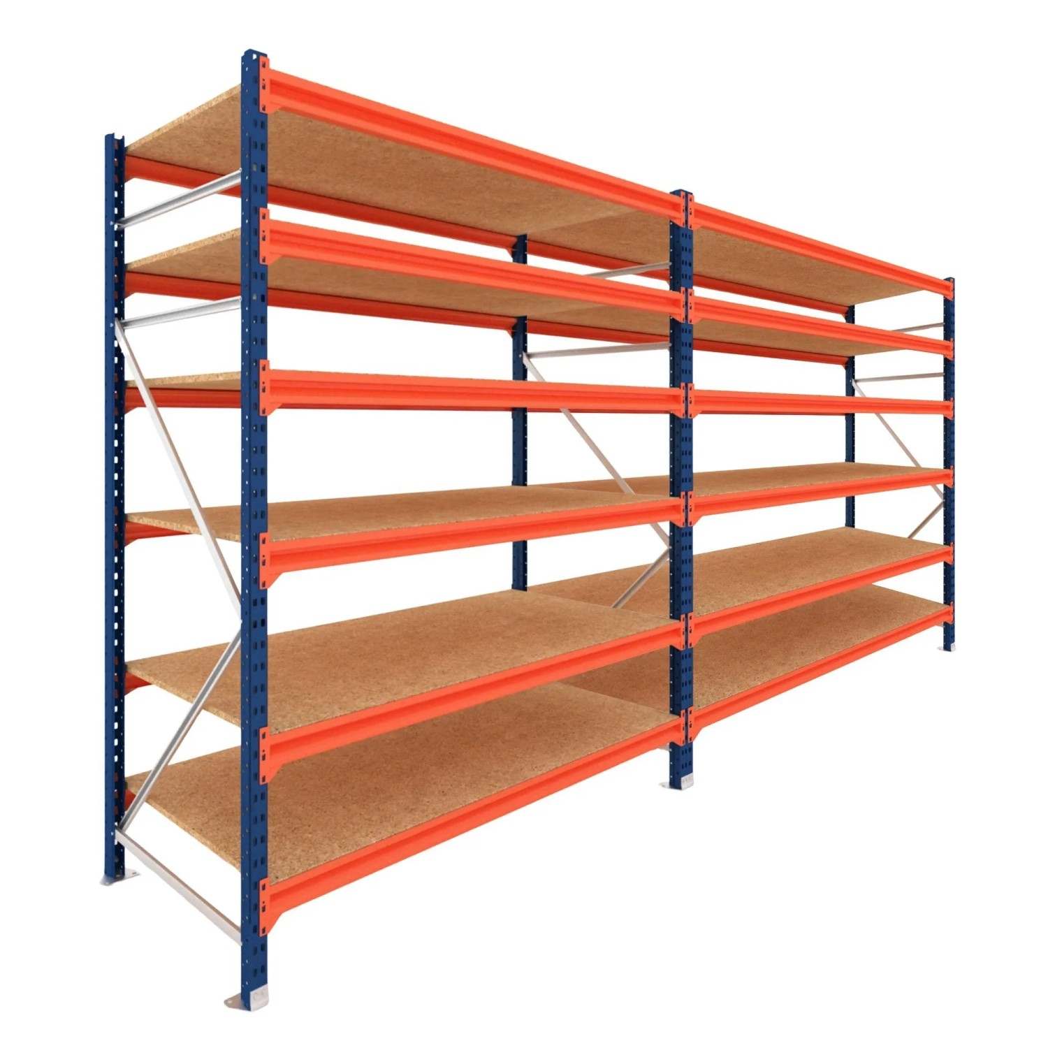 PROREGAL Weitspannregal Schwerlastregal DOMINUS Komplettregal 2 Felder 250x390x60cm 6 Ebenen Spanplatten-Fachboden Fachlast 350 kg Blau/Orange
