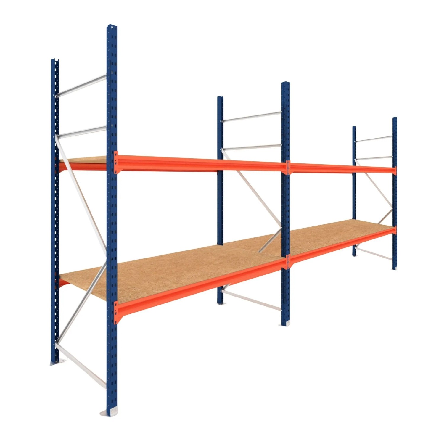 PROREGAL Weitspannregal Schwerlastregal DOMINUS Komplettregal 2 Felder 200x300x100cm 2 Ebenen Spanplatten-Fachboden Fachlast 500 kg Blau/Orange