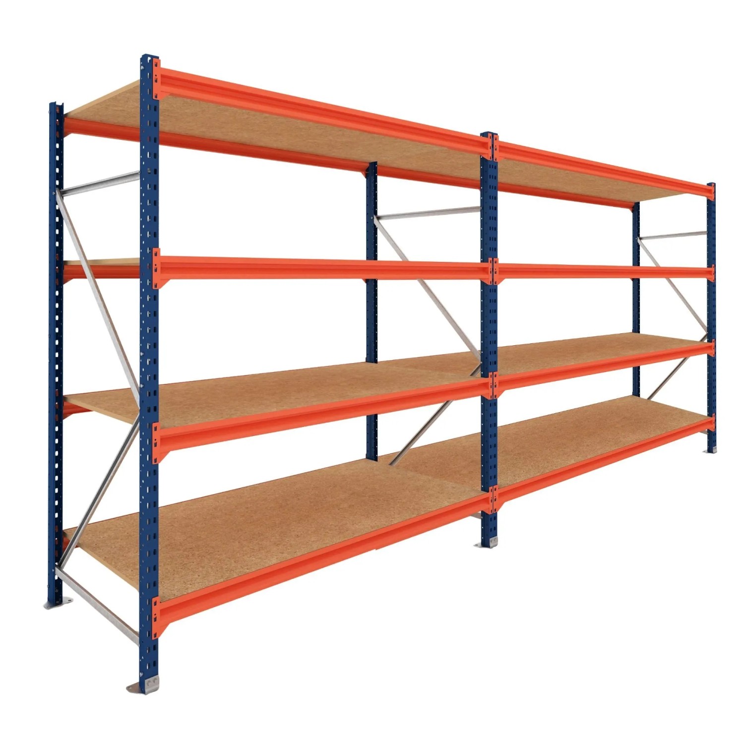 PROREGAL Weitspannregal Schwerlastregal DOMINUS Komplettregal 2 Felder 250x300x60cm 4 Ebenen Spanplatten-Fachboden Fachlast 500 kg Blau/Orange