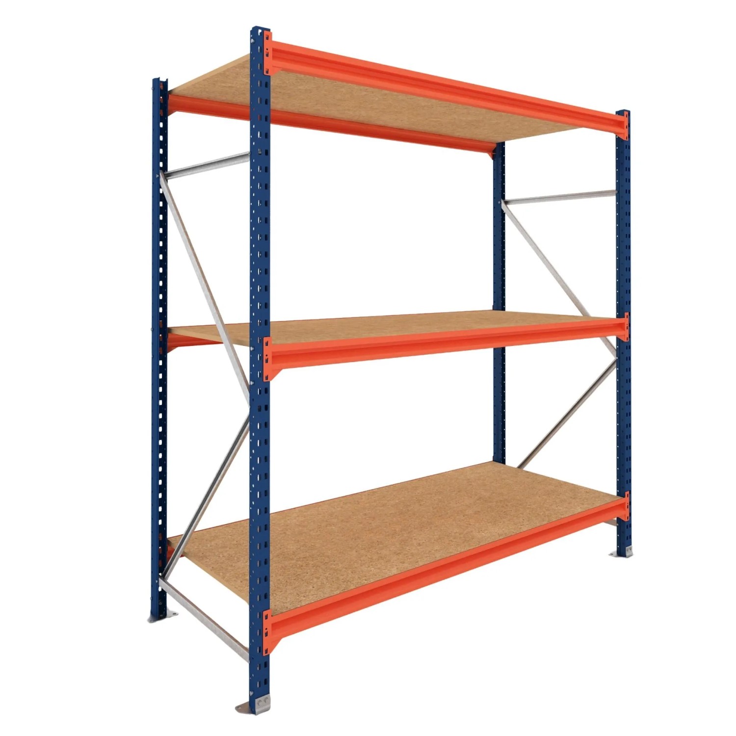 PROREGAL Weitspannregal Schwerlastregal DOMINUS Grundregal 200x240x80cm 3 Ebenen Spanplatten-Fachboden Fachlast 332 kg Blau/Orange