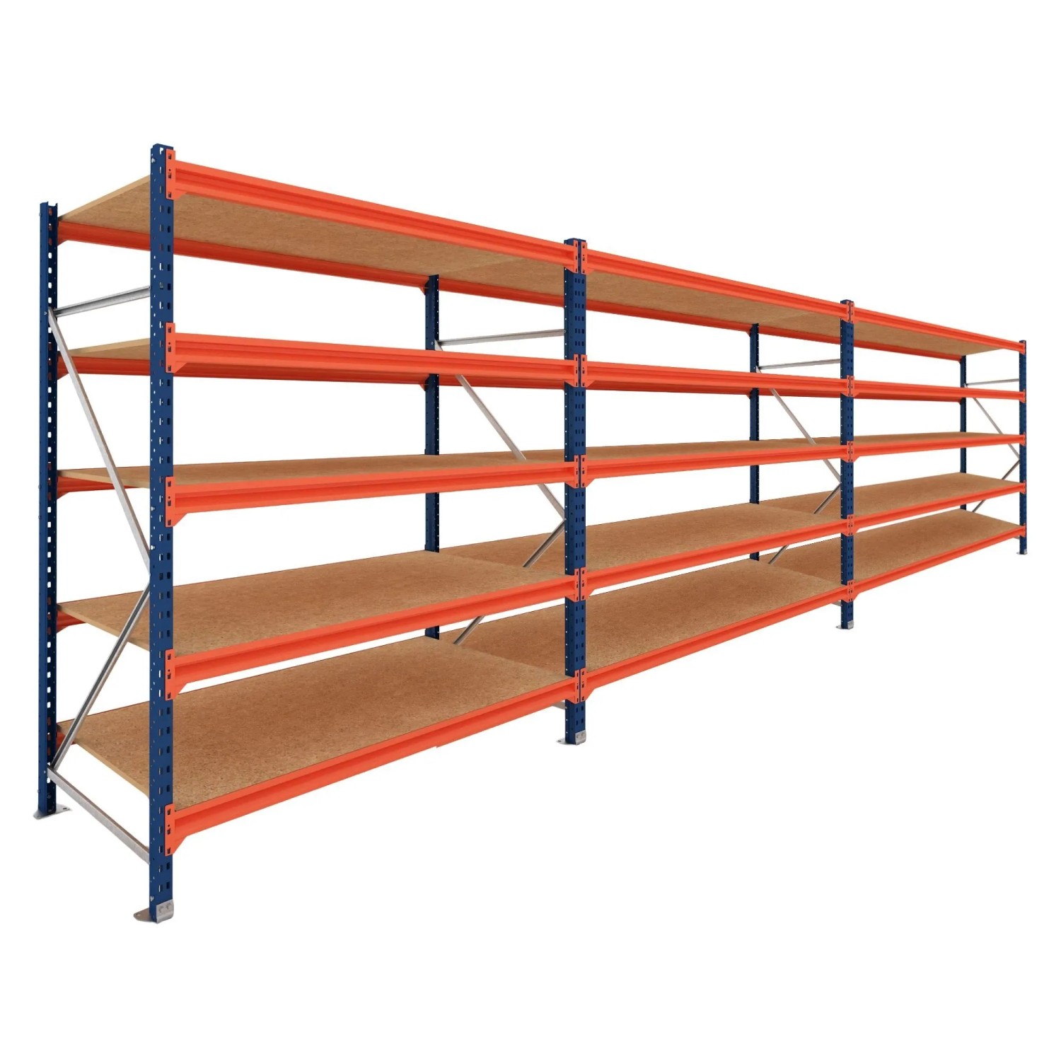 PROREGAL Weitspannregal Schwerlastregal DOMINUS Komplettregal 3 Felder 250x585x40cm 5 Ebenen Spanplatten-Fachboden Fachlast 350 kg Blau/Orange