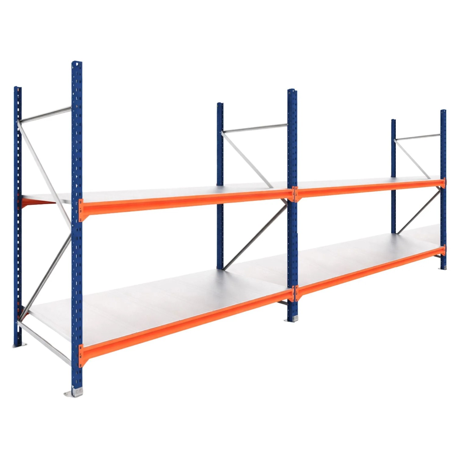 PROREGAL Weitspannregal Schwerlastregal DOMINUS Komplettregal 2 Felder 250x480x80cm 2 Ebenen Stahlplatten-Fachboden Fachlast 332 kg Blau/Orange