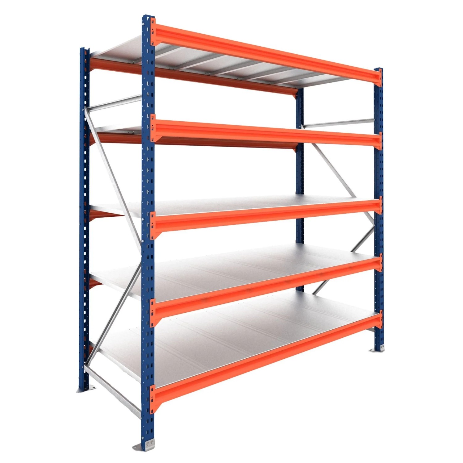 PROREGAL Weitspannregal Schwerlastregal DOMINUS Grundregal 250x150x100cm 5 Ebenen Stahlplatten-Fachboden Fachlast 500 kg Blau/Orange
