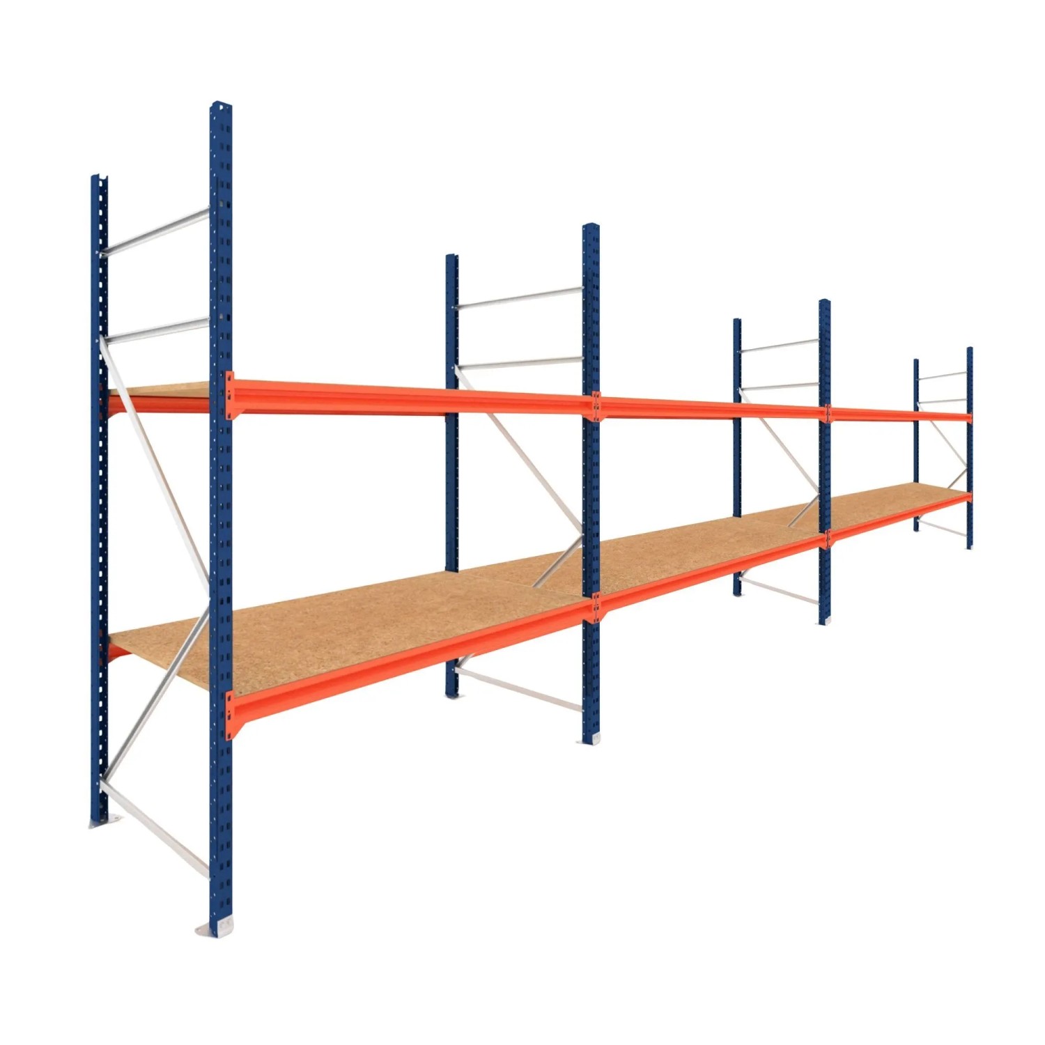 PROREGAL Weitspannregal Schwerlastregal DOMINUS Komplettregal 3 Felder 200x450x80cm 2 Ebenen Spanplatten-Fachboden Fachlast 500 kg Blau/Orange