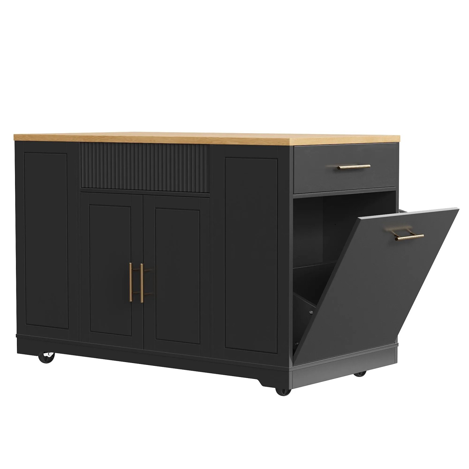 okwish Kücheninsel mit Rollen Abfallbehälterfach Schubladen Küche 120 x 50 x 92 cm Schwarz