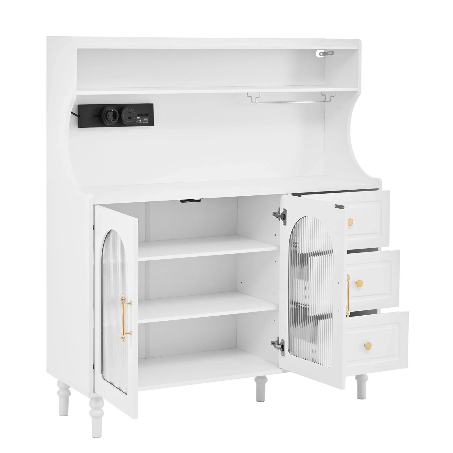 okwish Hochschrank mit Steckdosen Schubladen und Weinglashaltern 120x40x138cm Weiß