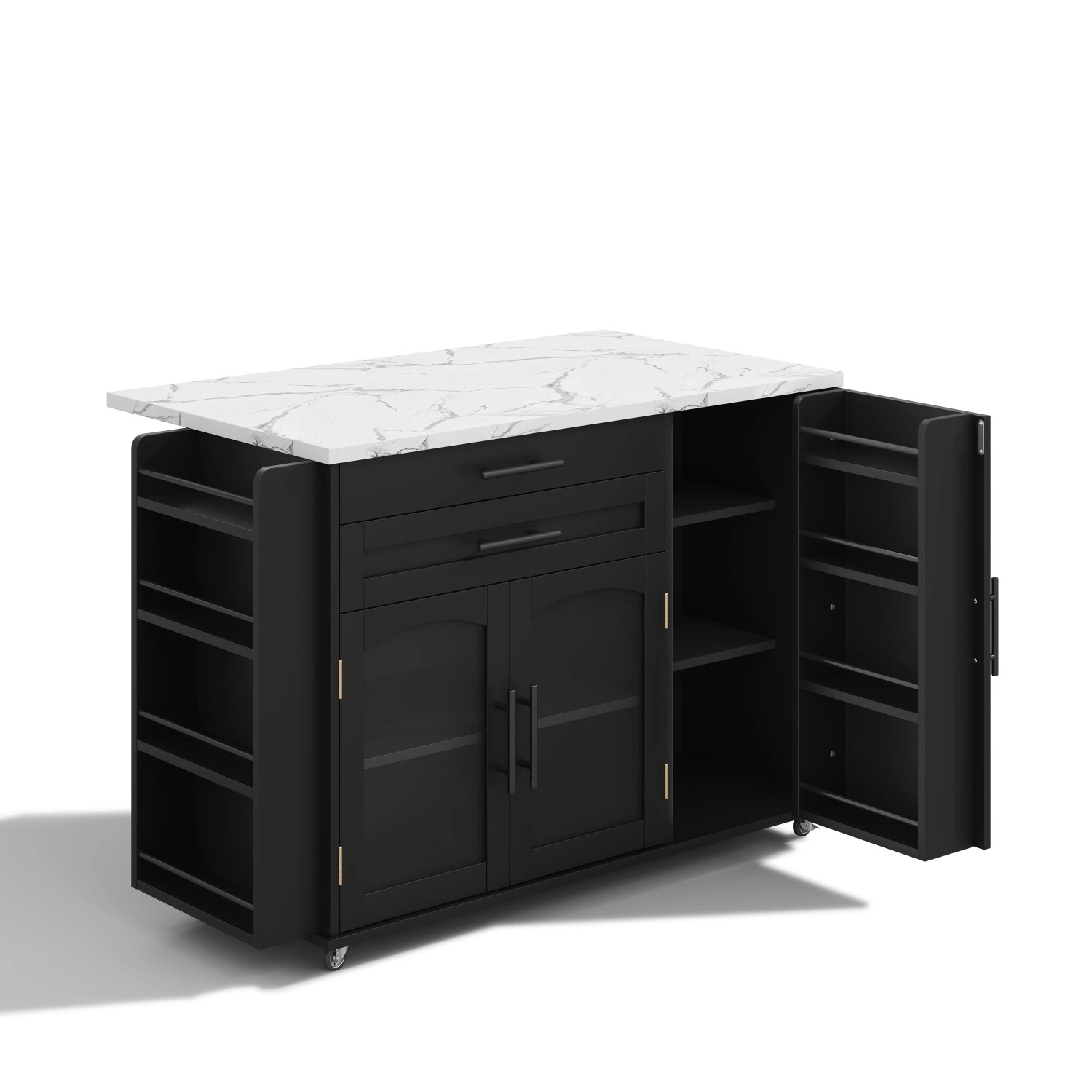 okwish Kücheninsel mit Klappbarer Arbeitsplatte Gewürzregal 120x45-70x90cm Schwarz