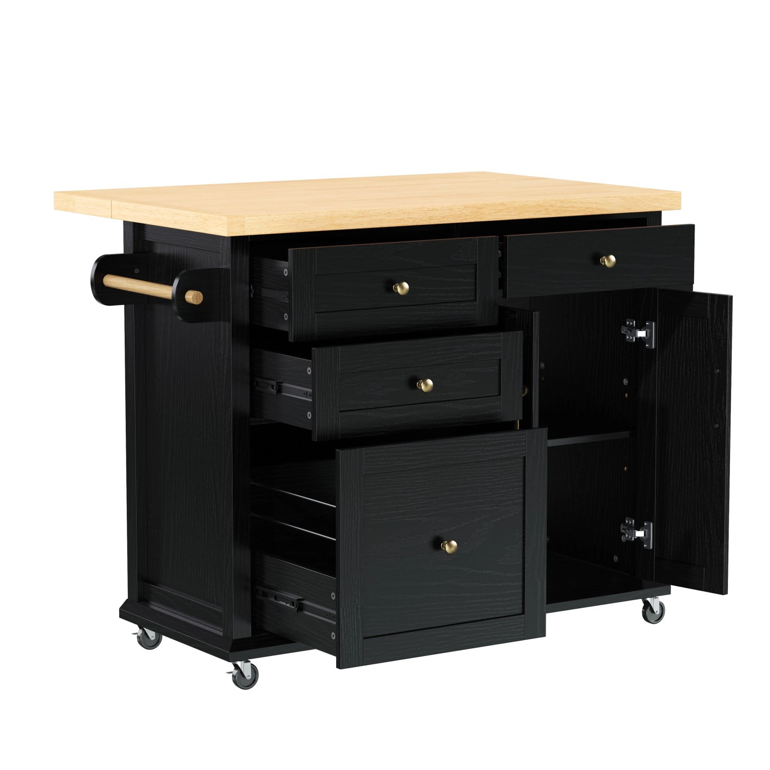 okwish Kücheninsel mit Rollen Ausziehtisch Multifunktions Schubladen 107x45-70x90cm Schwarz