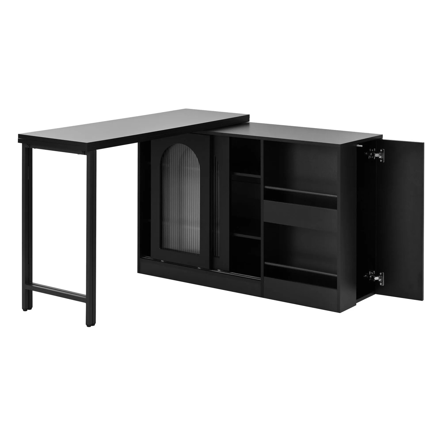 okwish Bartisch mit Ausziehbar Drehbar Stauraum Glasschranktür Küche 121.5x40x76.7cm Schwarz