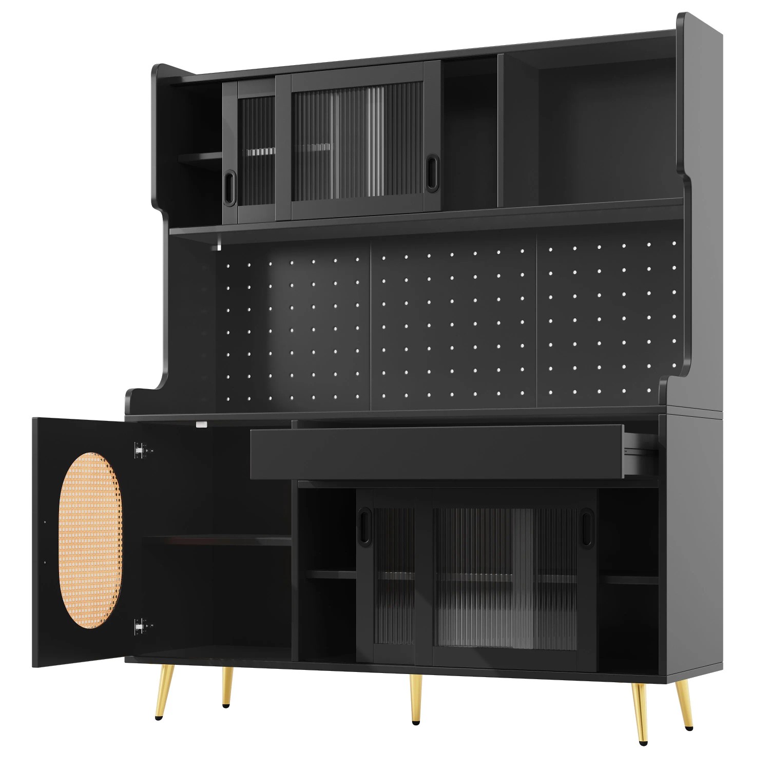 okwish Buffetschrank mit LED Lichtleiste Landhaus Küche 145x39x171cm Schwarz