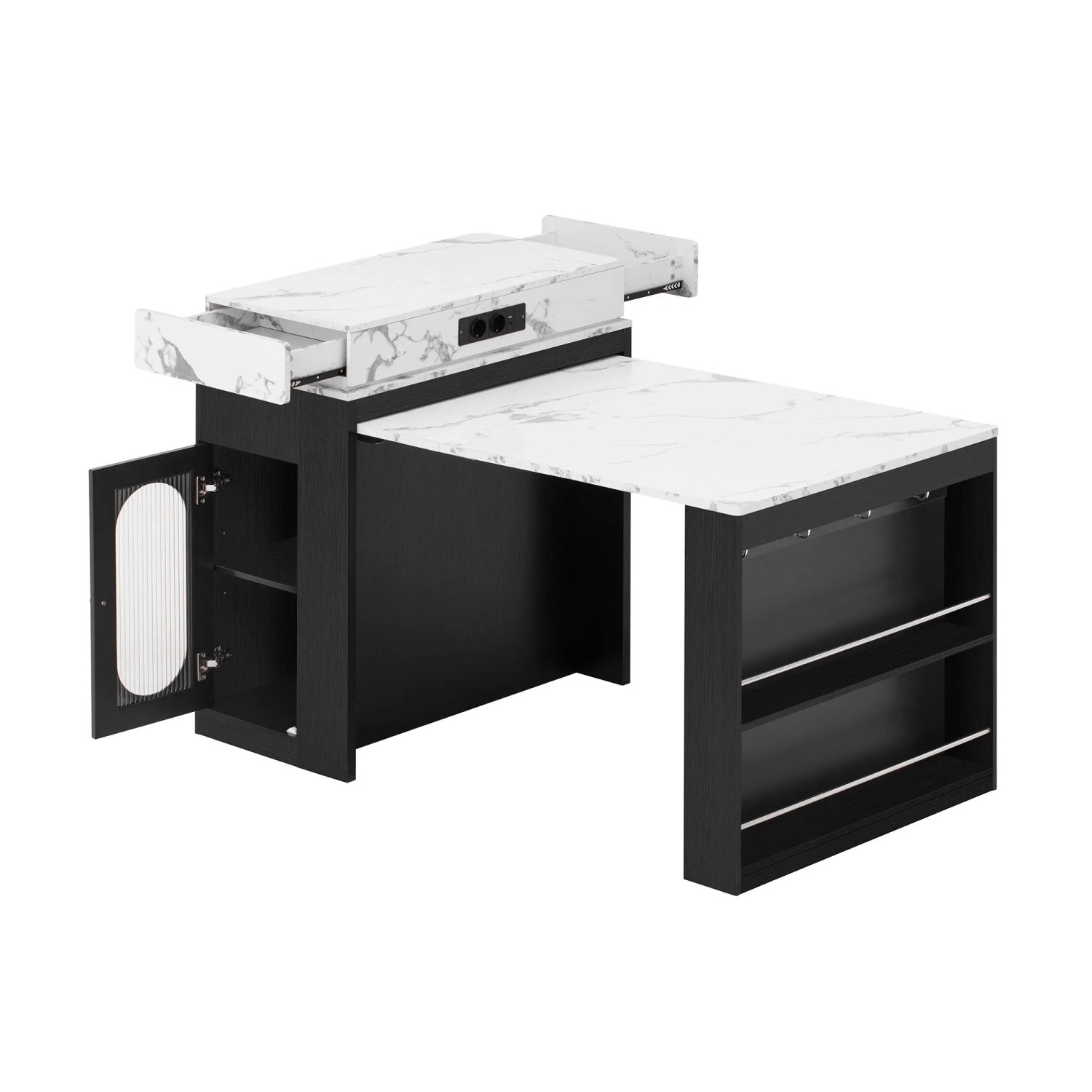 okwish Kücheninsel mit Rollen Ausziehbarem Esstisch Steckdosen und Haken 83x46-146x96cm Schwarz