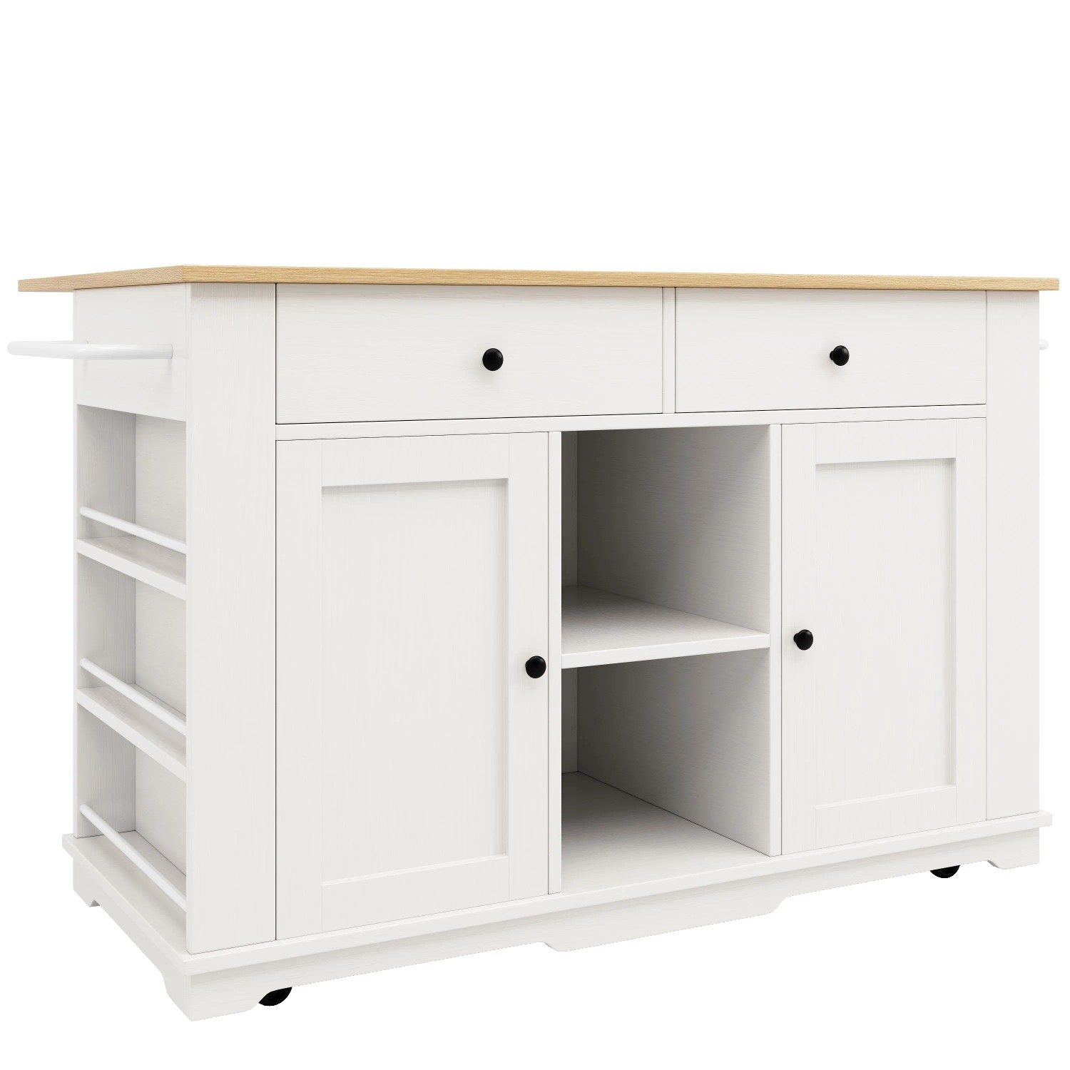 okwish Kücheninsel mit Steckdosenleiste Arbeitsplatte Stauraum Küche 151x84x91cm Weiß