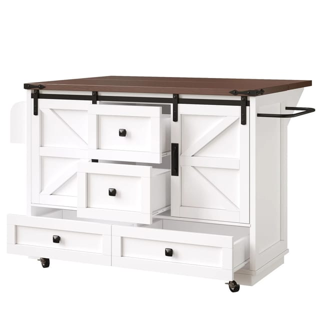 okwish Küchenwagen mit Klapptisch 3 Schubladen Schranktüren Küche 142x73x92cm Weiß