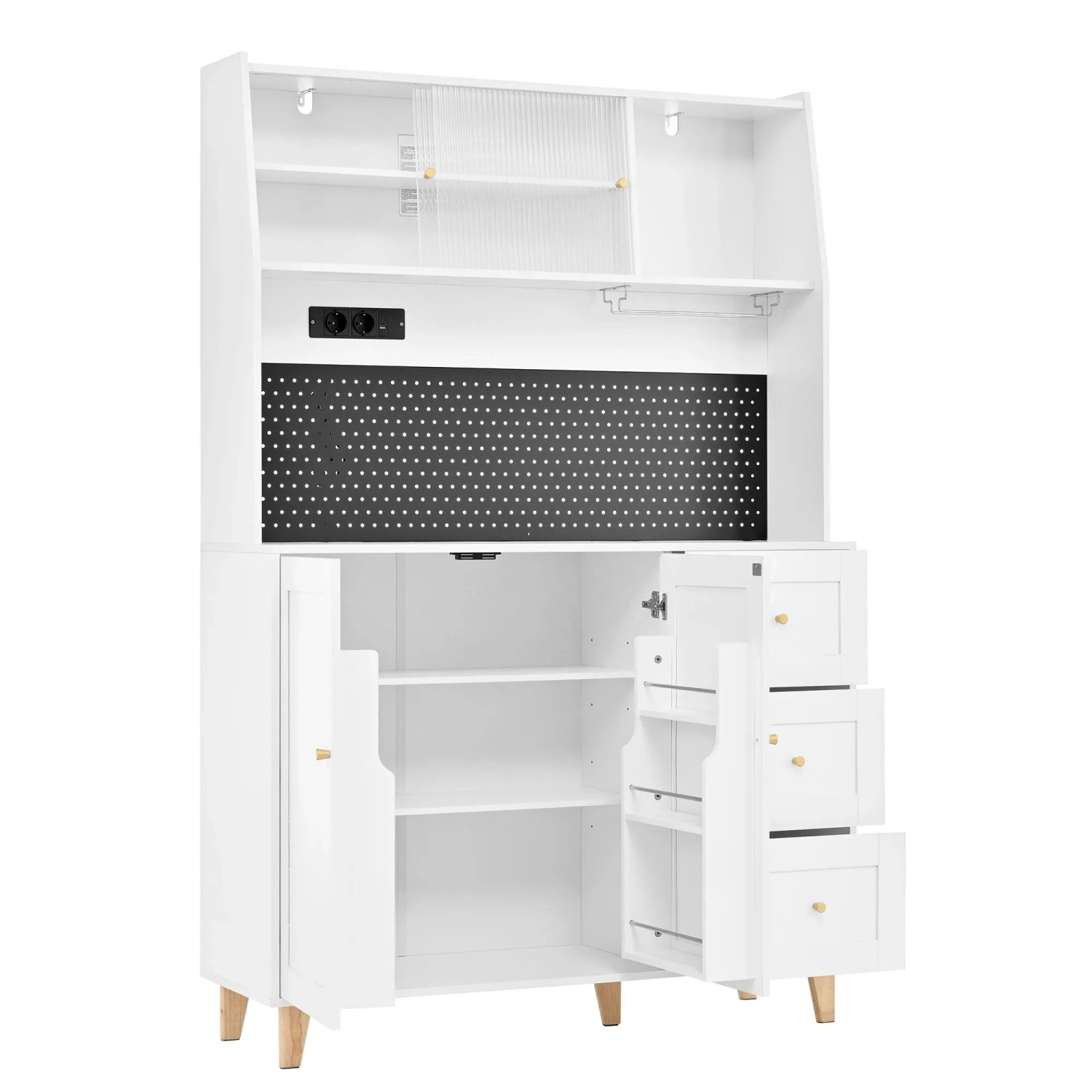 okwish Hochschrank mit Steckdosen Lochbrett und Weinglashaltern 120x40x184cm Weiß
