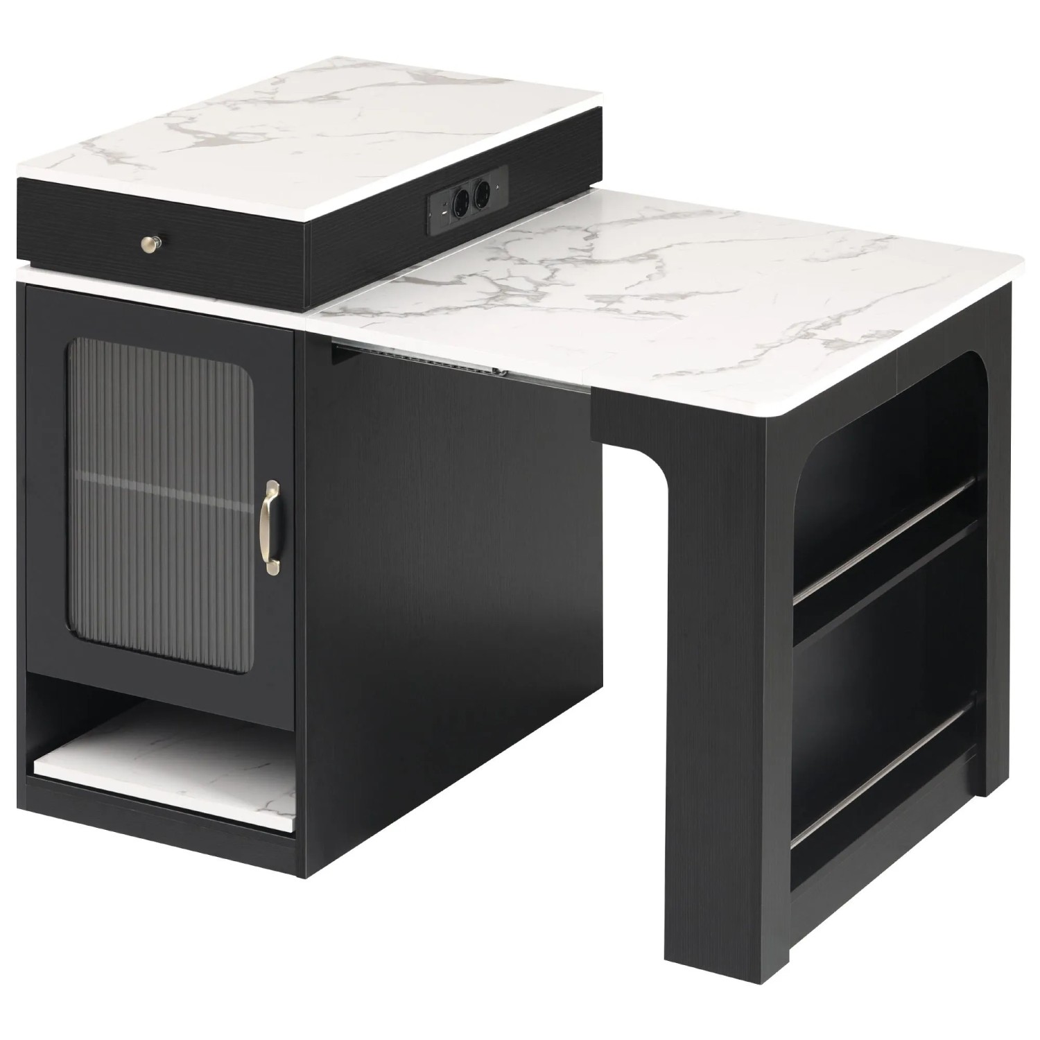 okwish Kücheninsel mit Rollen Ausziehtisch Steckdosenleiste Küche Esszimmer 80x151x92cm Schwarz