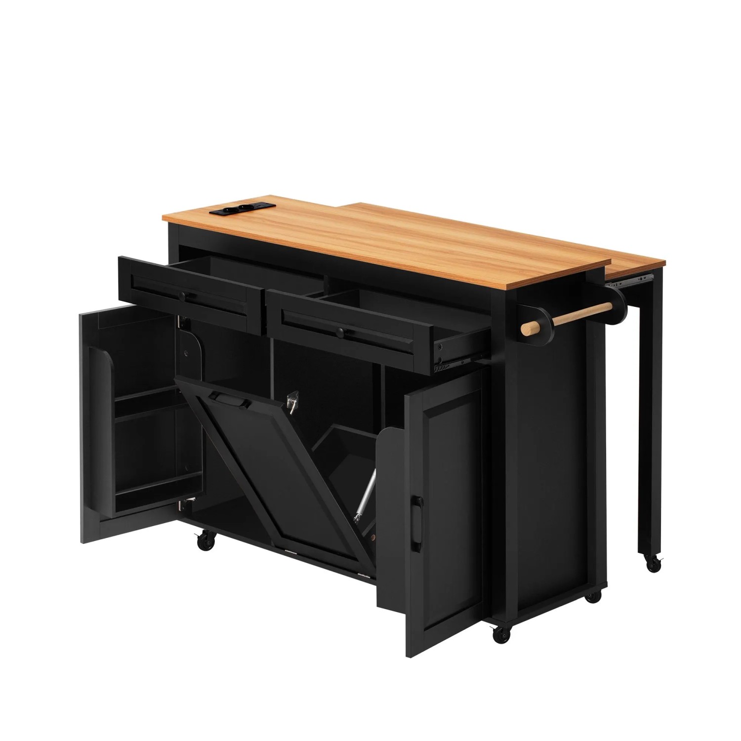 okwish Kücheninsel mit Rollen Ausziehbarem Esstisch Arbeitsplatte 120x40-75x92cm Schwarz