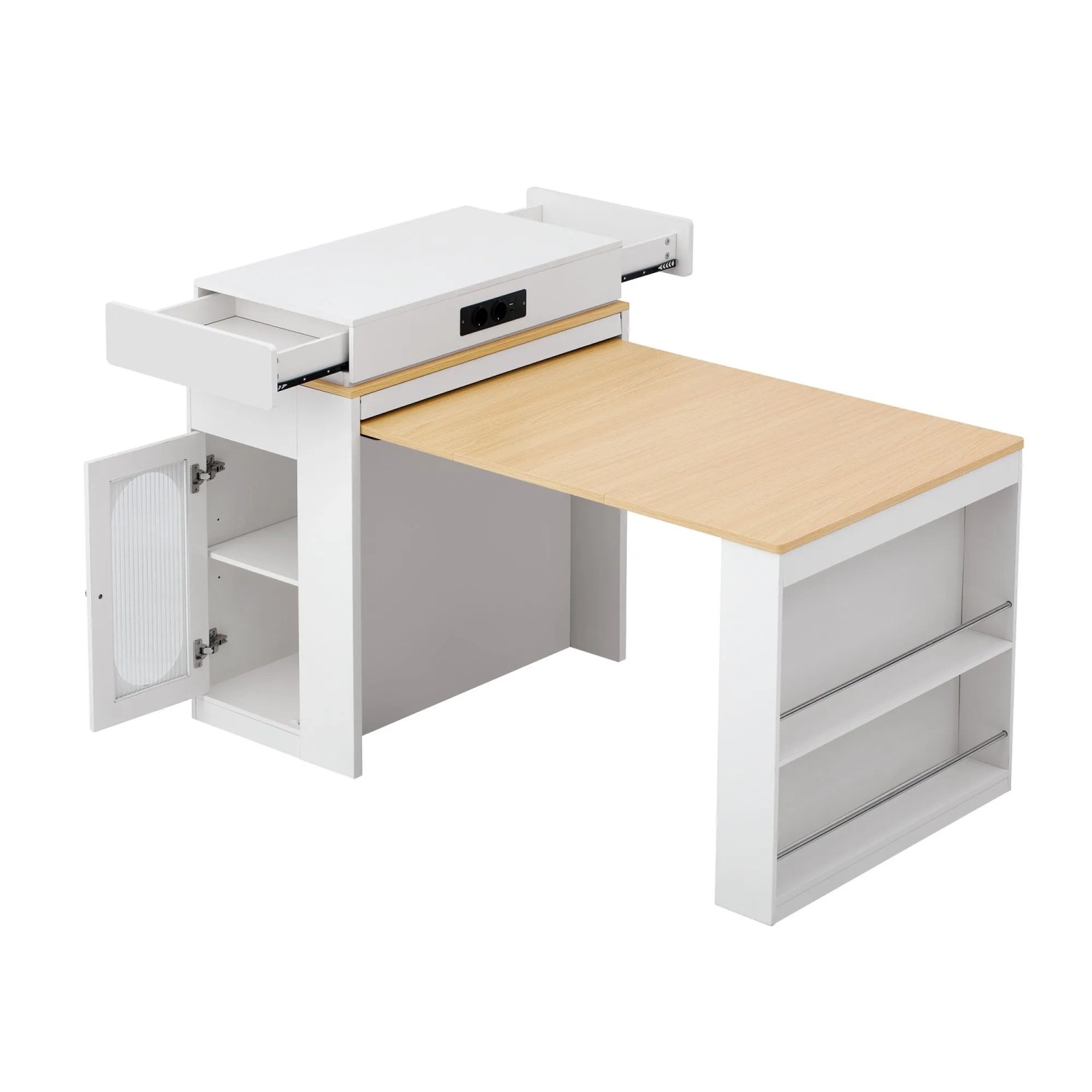 okwish Kücheninsel mit Rollen Ausziehbarem Esstisch Steckdosen und Haken 83x46-146x96cm Weiß