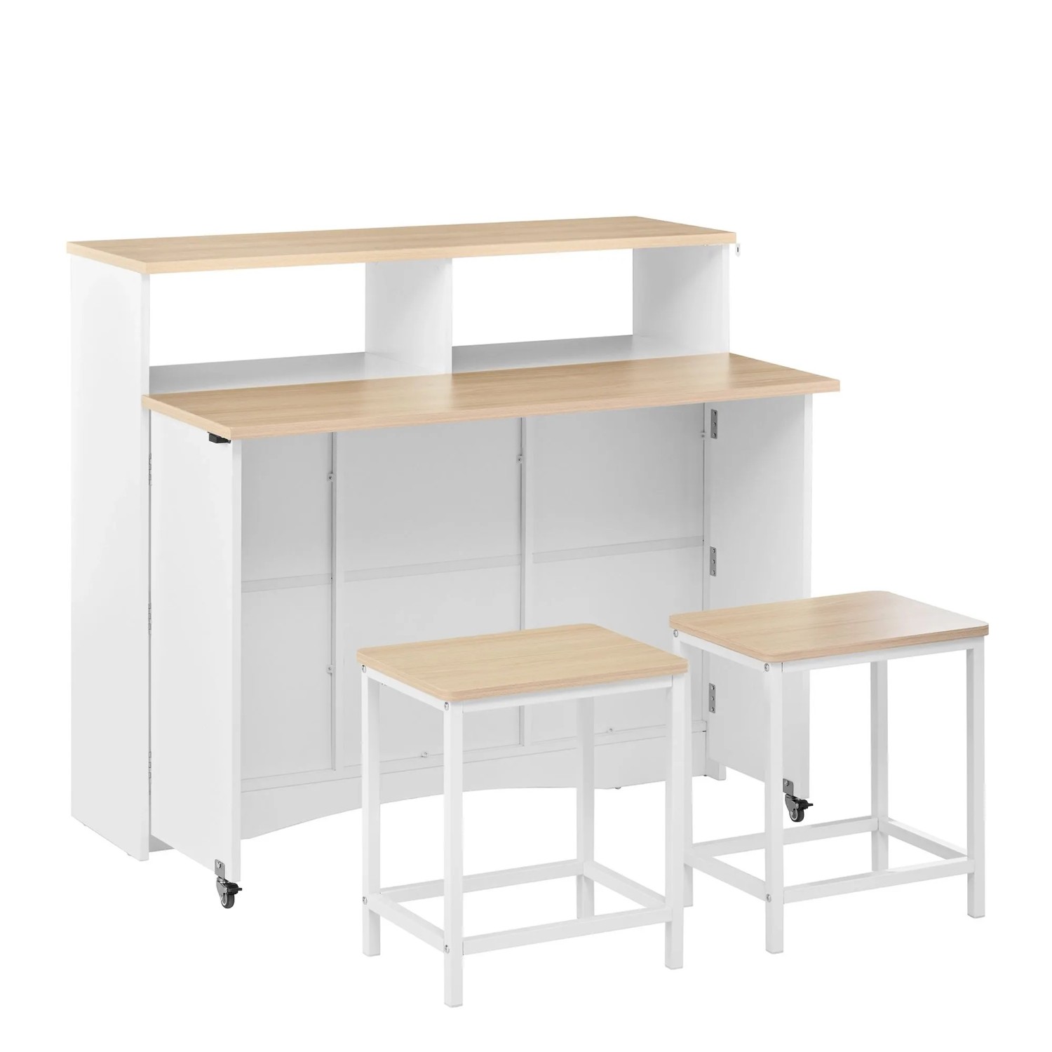 okwish Kücheninsel mit Rollen Ausziehbarem Esstisch und Stauraum 110x34-68x97cm Weiß