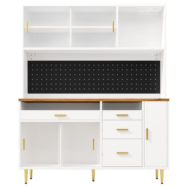 okwish Hochschrank mit LED Licht Lochwandregal Wohnzimmer 145x39x171cm Weiß