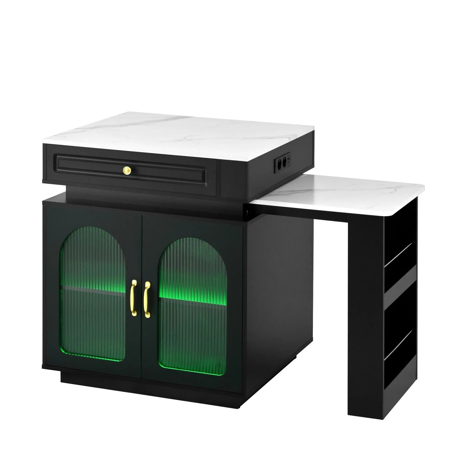 okwish Kücheninsel mit Rollen Ausziehtisch LED Beleuchtung Steckdosenleiste 128-200x71x92cm Schwarz