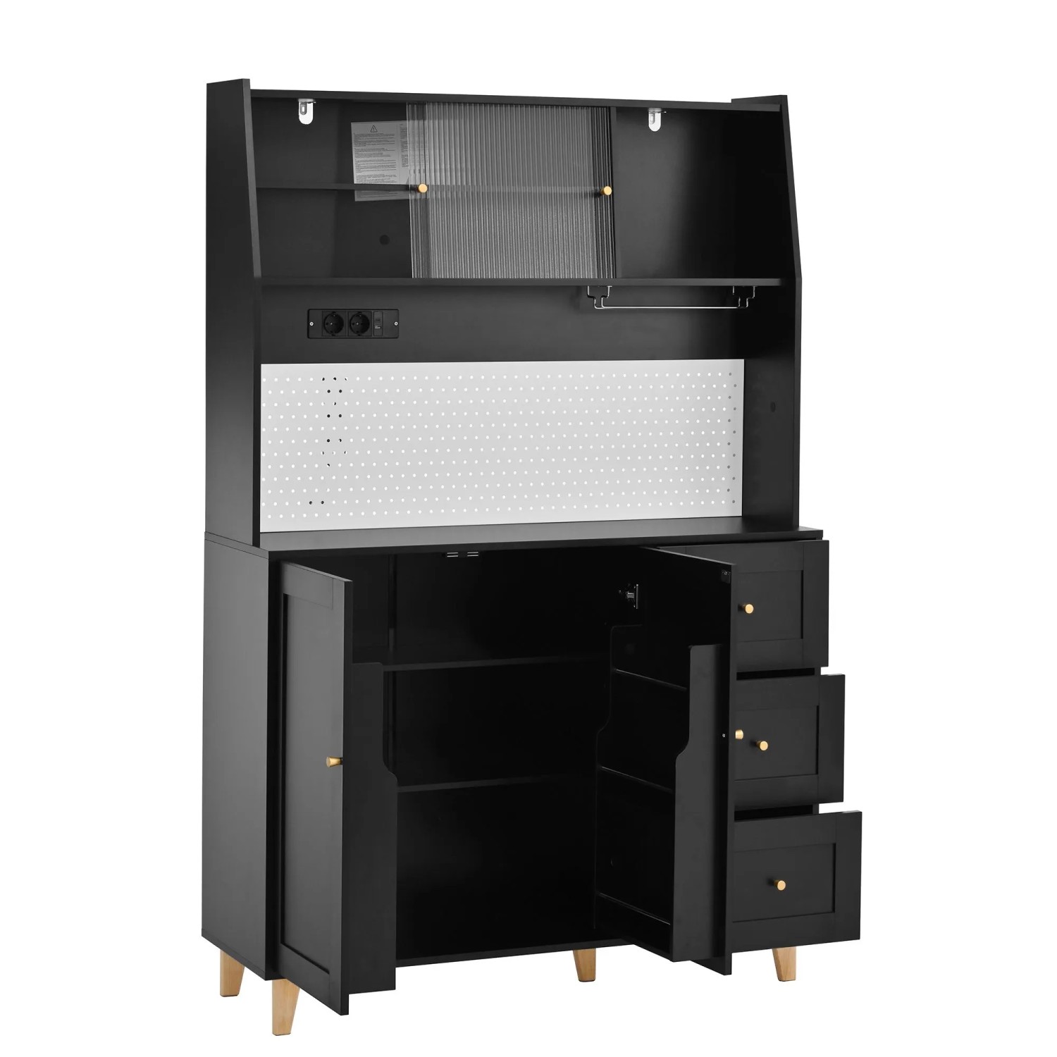 okwish Hochschrank mit Steckdosen Lochbrett und Weinglashaltern 120x40x184cm Schwarz