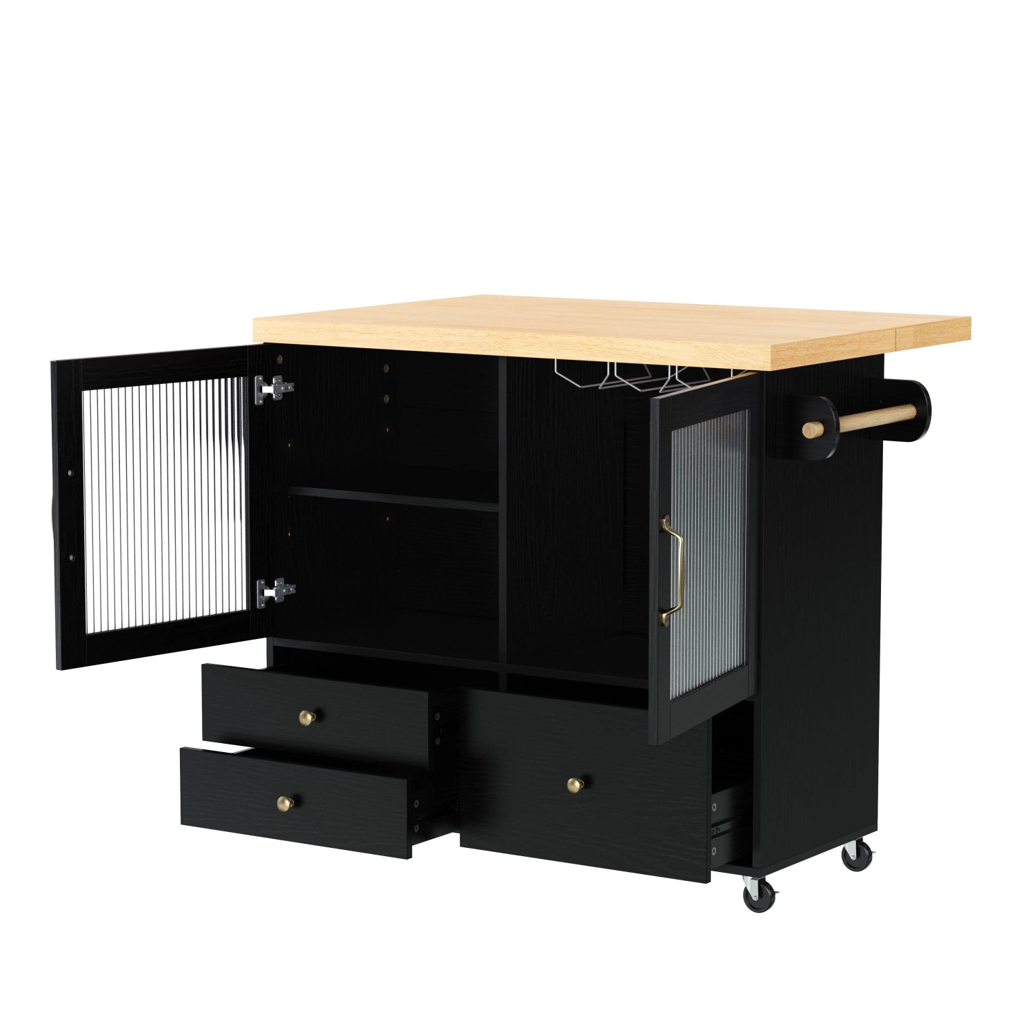 okwish Kücheninsel mit Rollen Ausziehbarem Esstisch Weinglashalter 100x42-70x91cm Schwarz