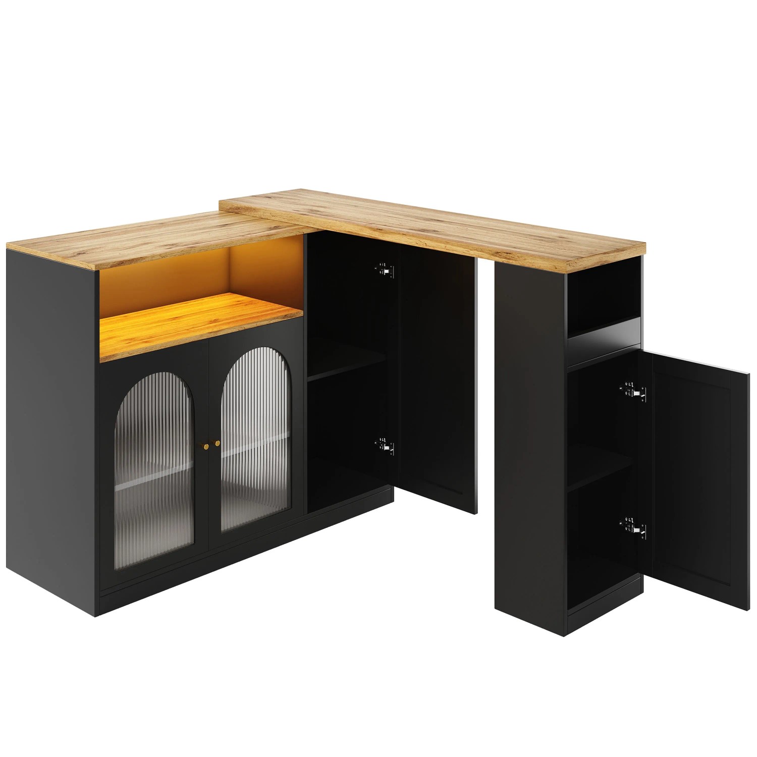 okwish Bartisch mit LED Licht Glastür Schreibtisch Sideboard 198x39x97cm Schwarz