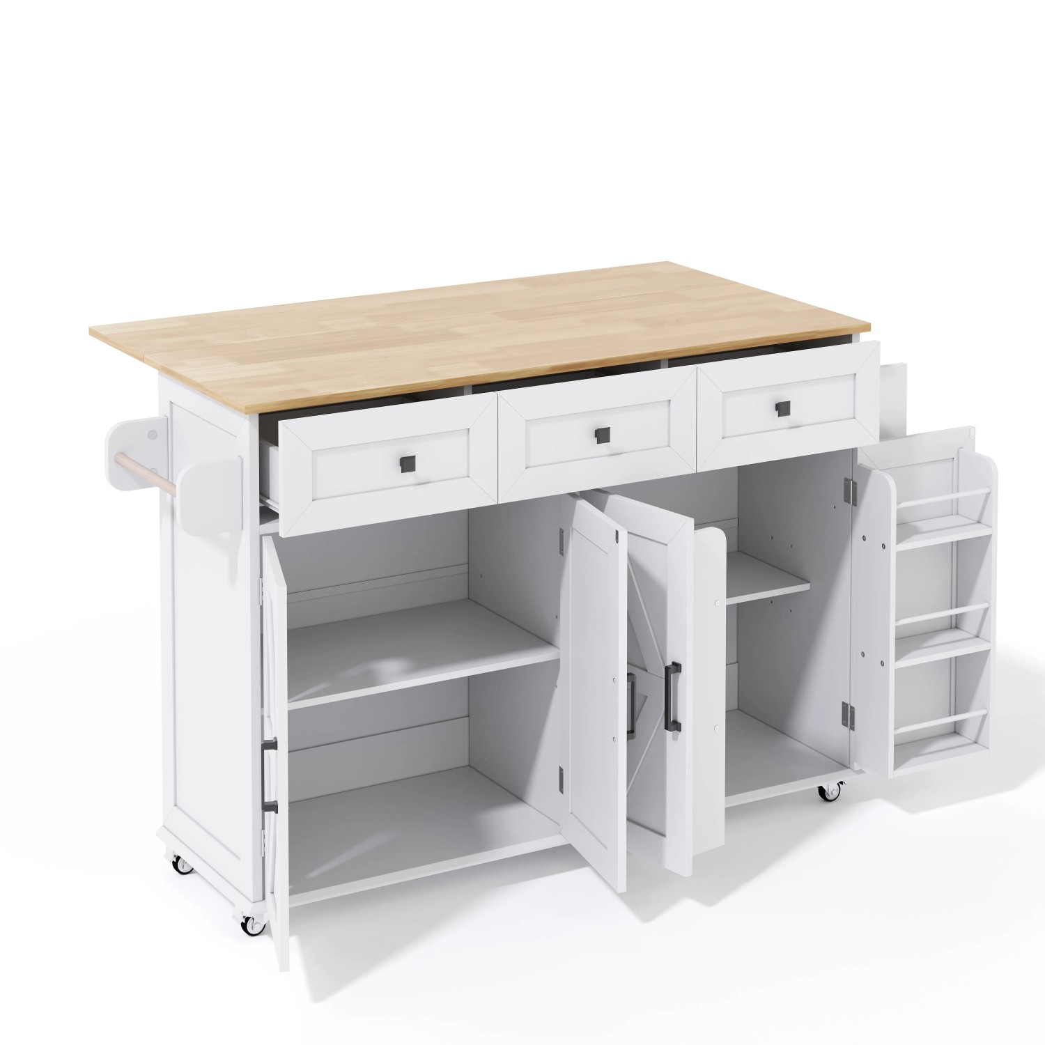 okwish Kücheninsel mit Klappbarer Arbeitsplatte 5 Rollen 4 Türen Schubladen 140x43x90.5cm Weiß