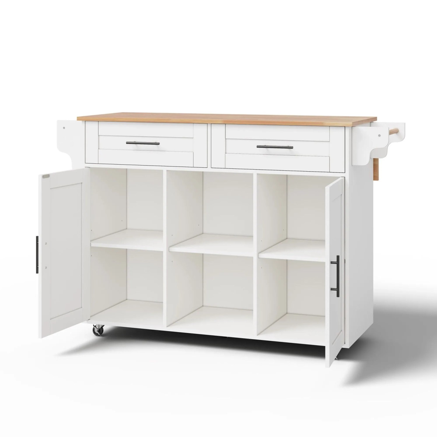 okwish Kücheninsel mit Klappbarer Arbeitsplatte Verstellbare Regale 5 Rollen 145x45x94cm Weiß