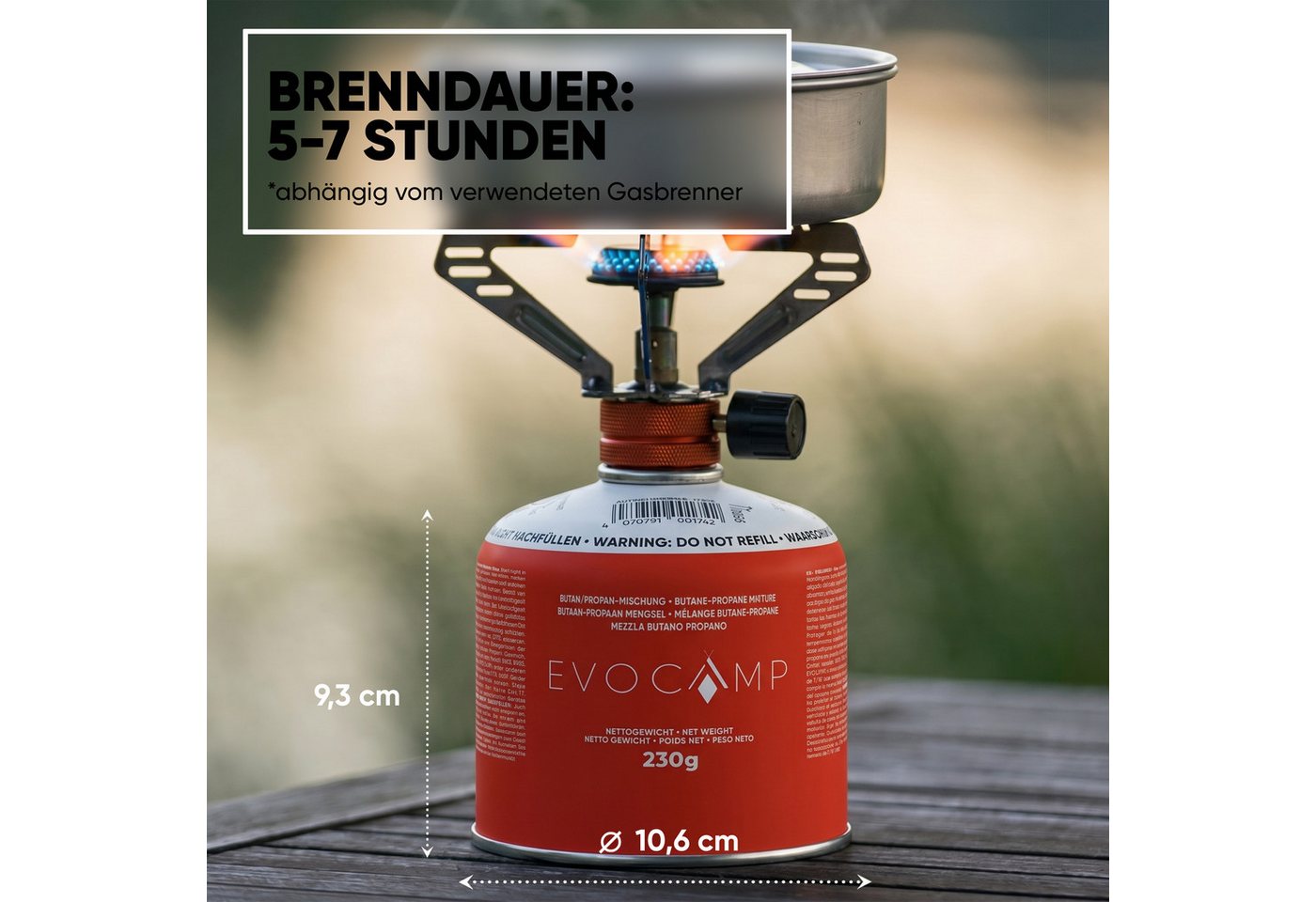 Evocamp Gaskartusche 1 Stück Butan Propan 230g EN 417 Schraubkartusche 7/16 Gewinde Sichere Kartusche mit Schraubventil