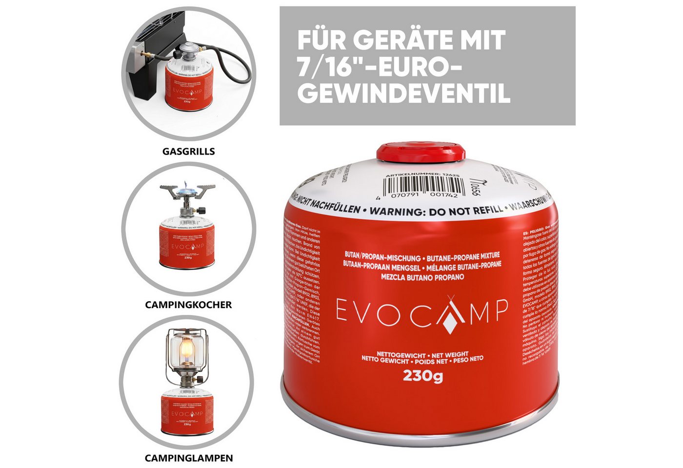 Evocamp Gaskartusche 1 Stück Butan Propan 230g EN 417 Schraubkartusche 7/16 Gewinde Sichere Kartusche mit Schraubventil Bild 3
