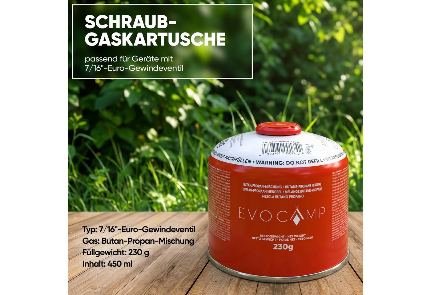 Evocamp Gaskartusche 1 Stück Butan Propan 230g EN 417 Schraubkartusche 7/16 Gewinde Sichere Kartusche mit Schraubventil Bild 4