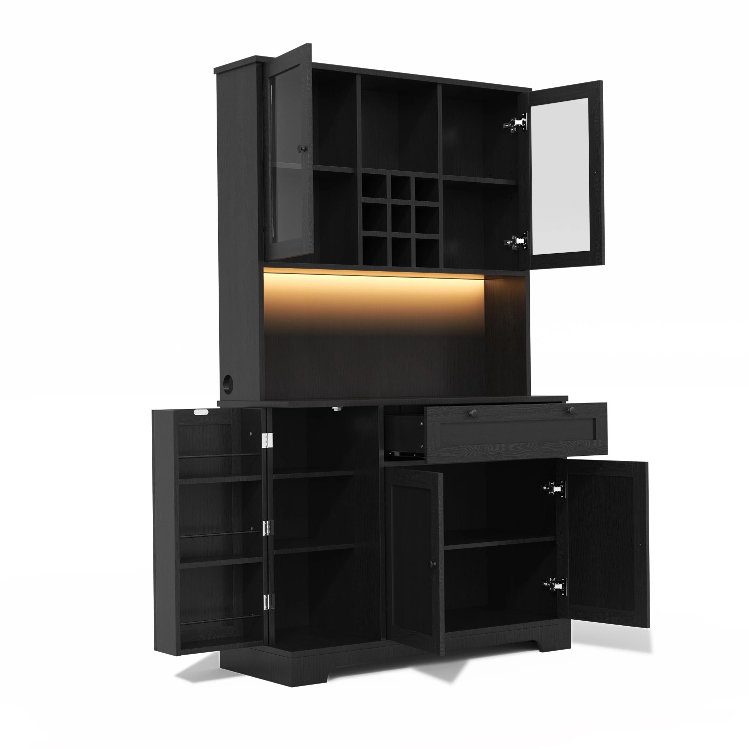 okwish Hochschrank mit LED Beleuchtung Gewürzregal Einlegeböden Steckdose 180x105x40cm Schwarz