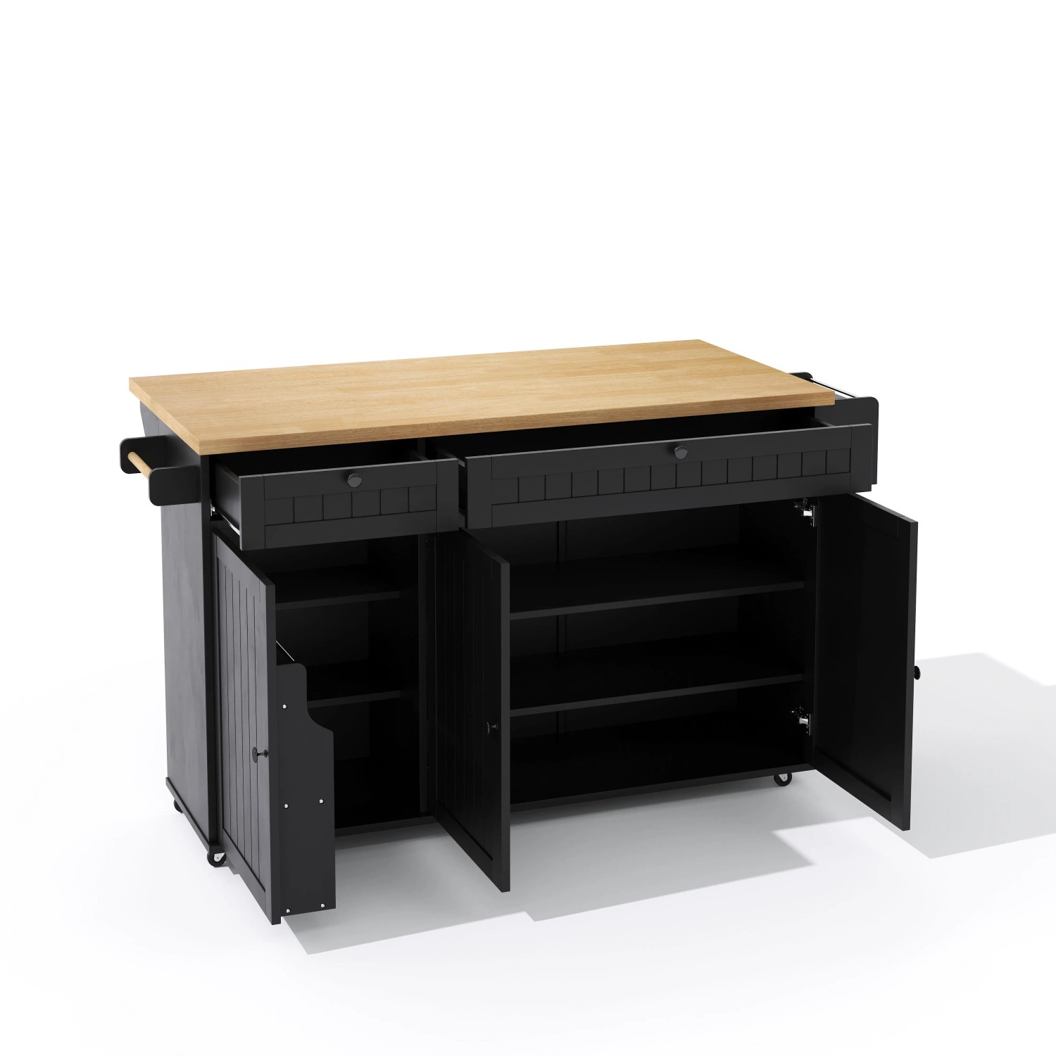 okwish Kücheninsel mit Klappbarer Arbeitsplatte 6 Rollen Schubladen 137x89.5x45cm Schwarz