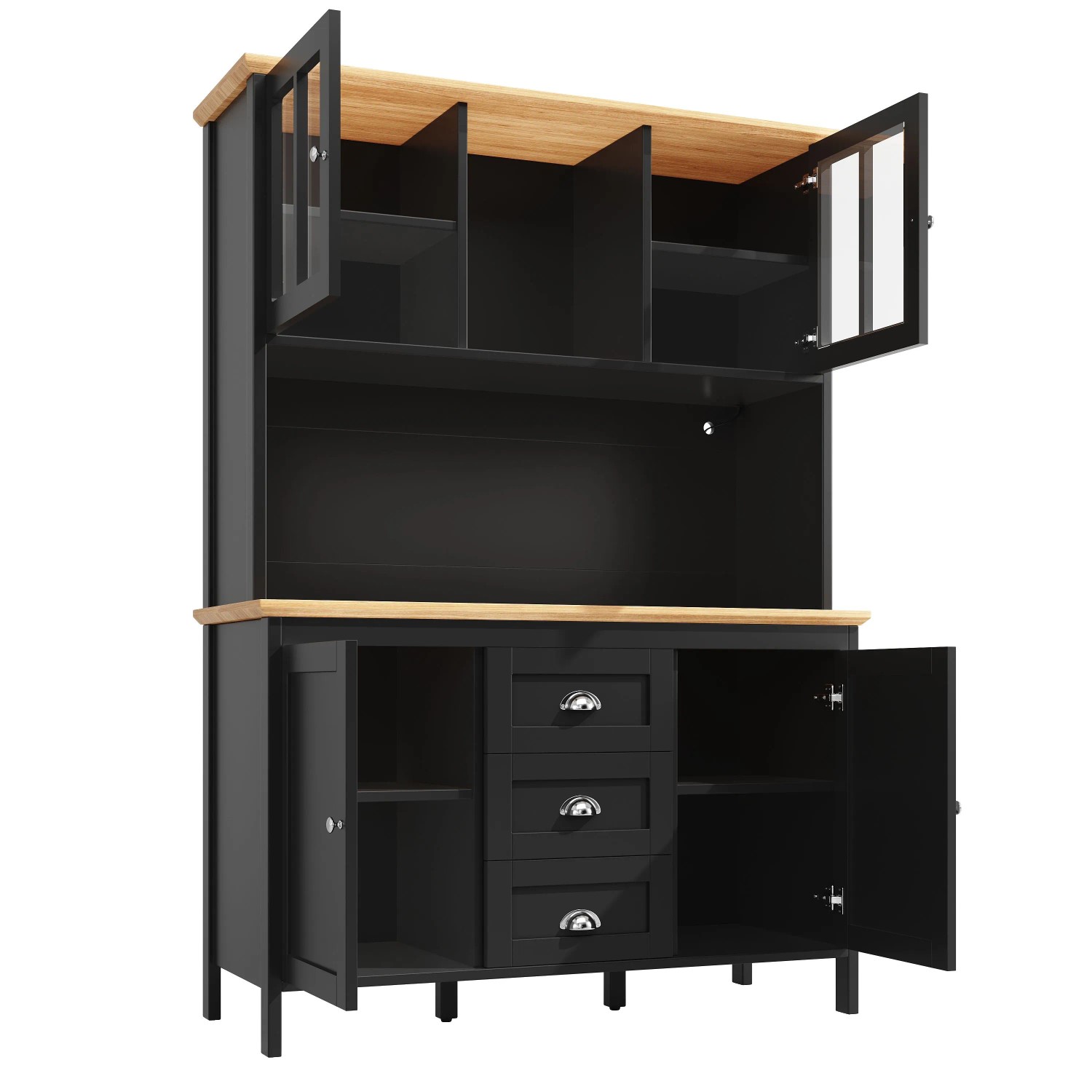 okwish Küchenschrank mit LED Licht 4 Türen 3 Schubladen Küche 120x40x179cm Schwarz