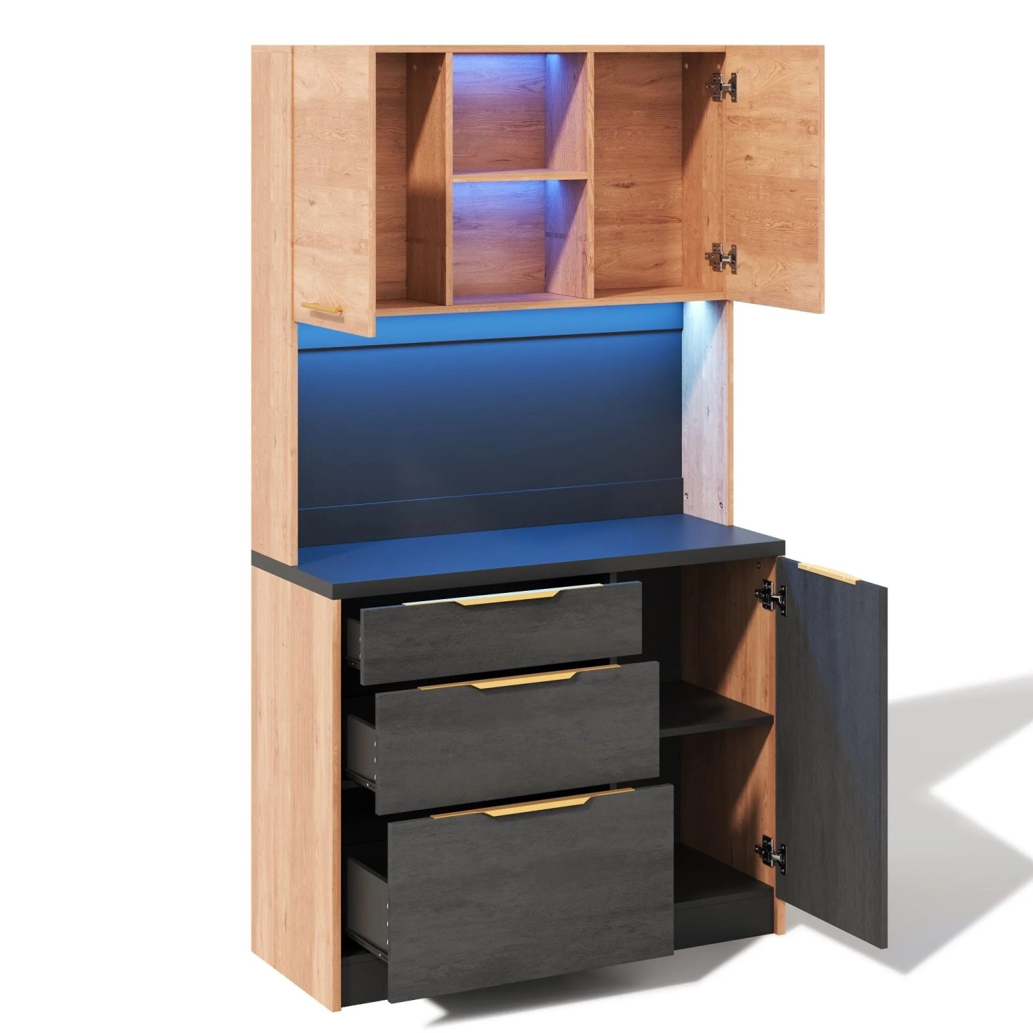 okwish Küchenhochschrank mit LED Beleuchtung Verstellbare Arbeitsplatte 100x40x180cm Schwarz