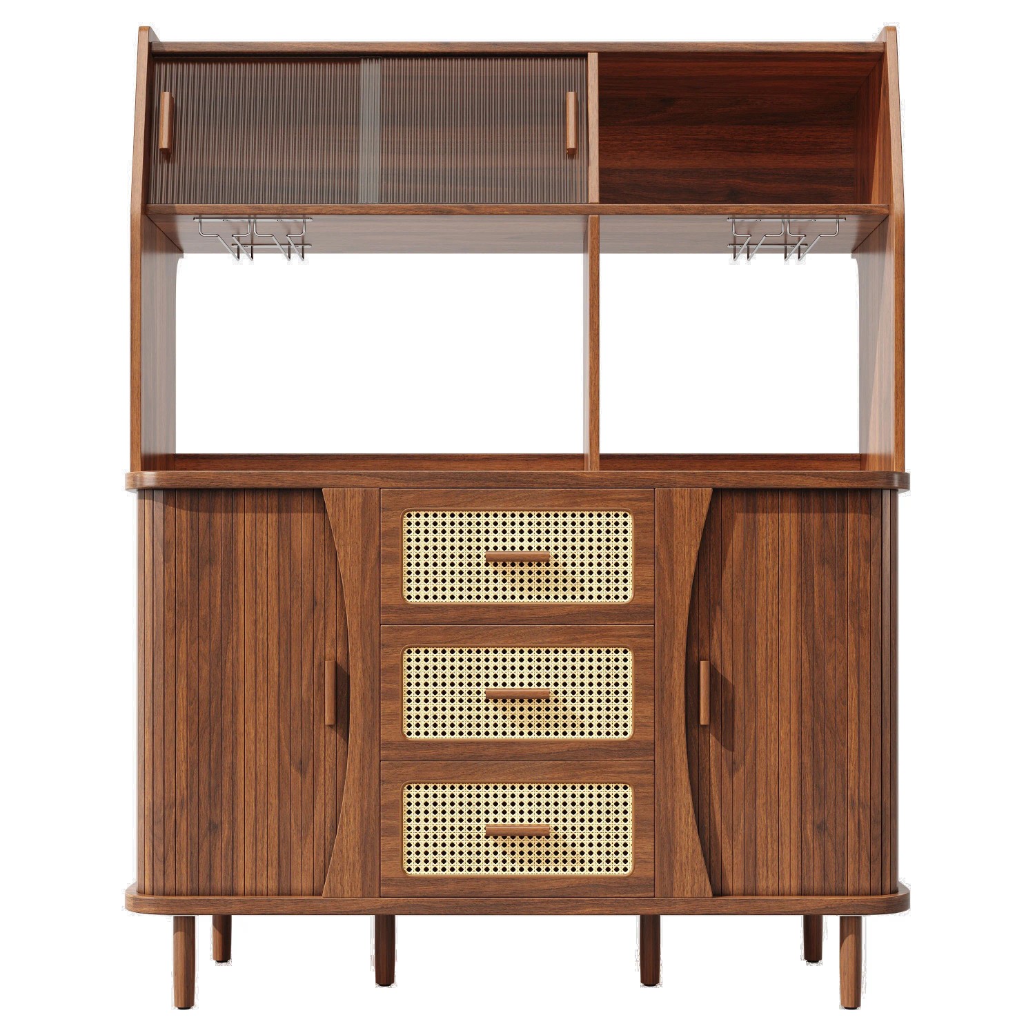 Merax Buffetschrank 174,5cm Rattanoptik Glasschiebetüren Natur