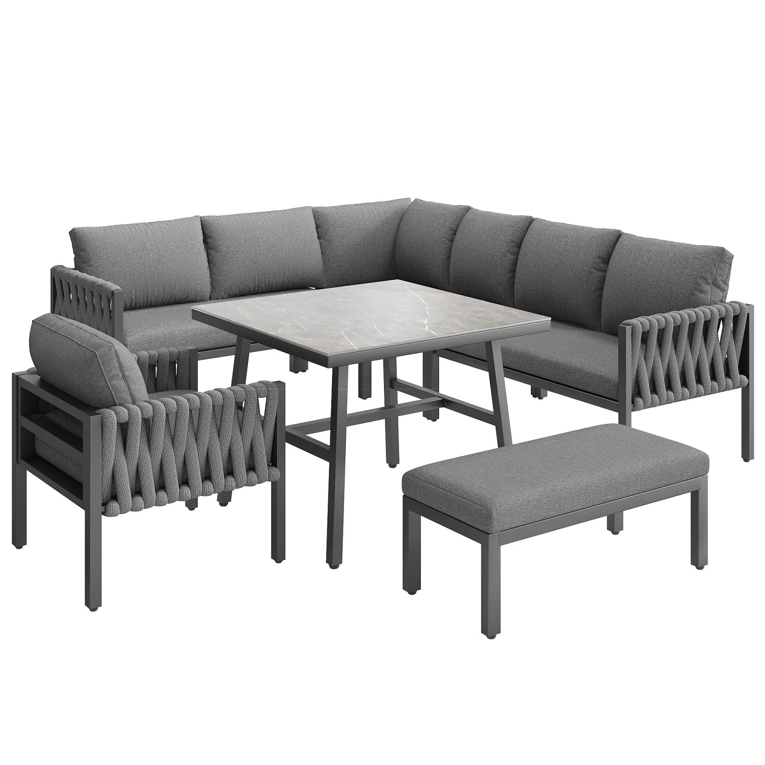 Merax Seilgartenmöbel-Set Ecksofa Glastisch Grau