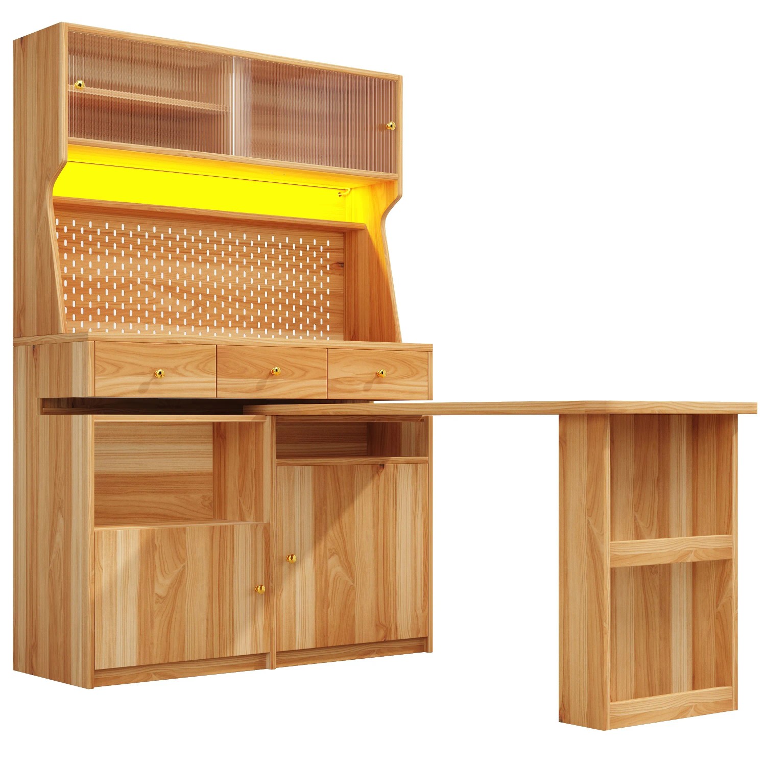 Merax Hochschrank mit Tisch LED App Glasfront Naturbraun
