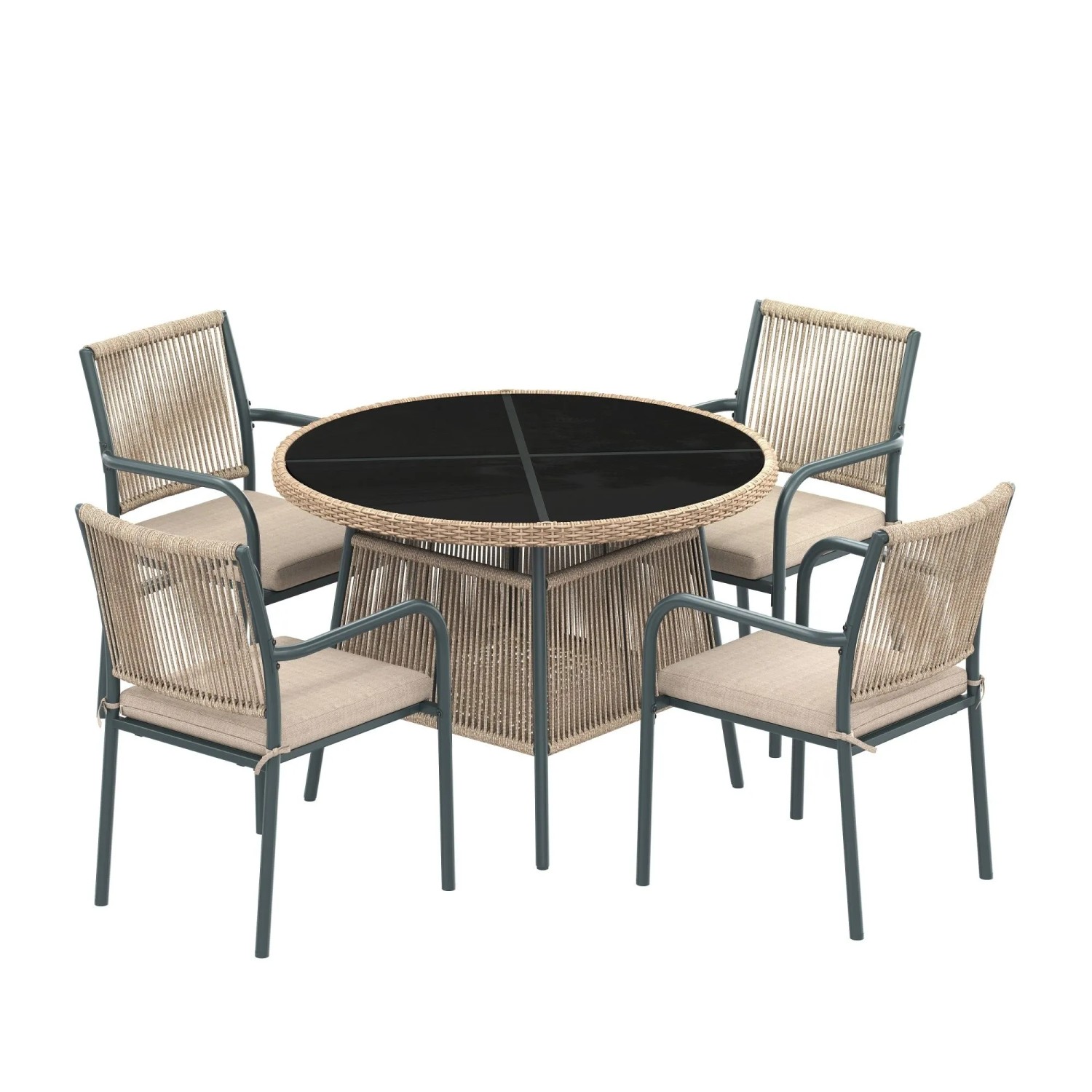Merax Gartenmöbel-Set Rattan Rund Glastisch 4 Armlehnstühle