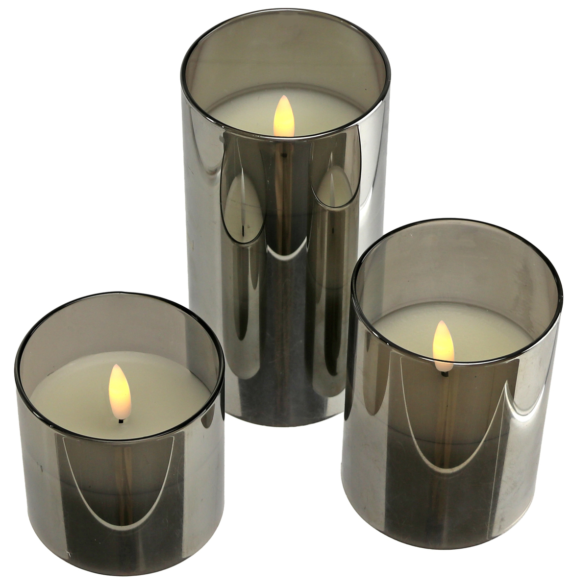 LED-Echtwachskerze, Glas, mit Timer, 3 Stück, grau